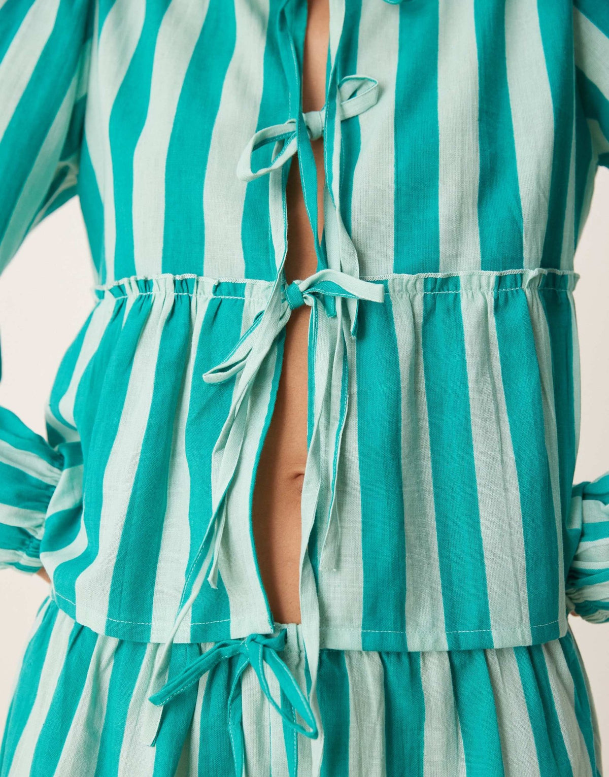 Esmee Exclusive tie front long sleeve beach top co-ord in green stripe - ASOS Sample Sale