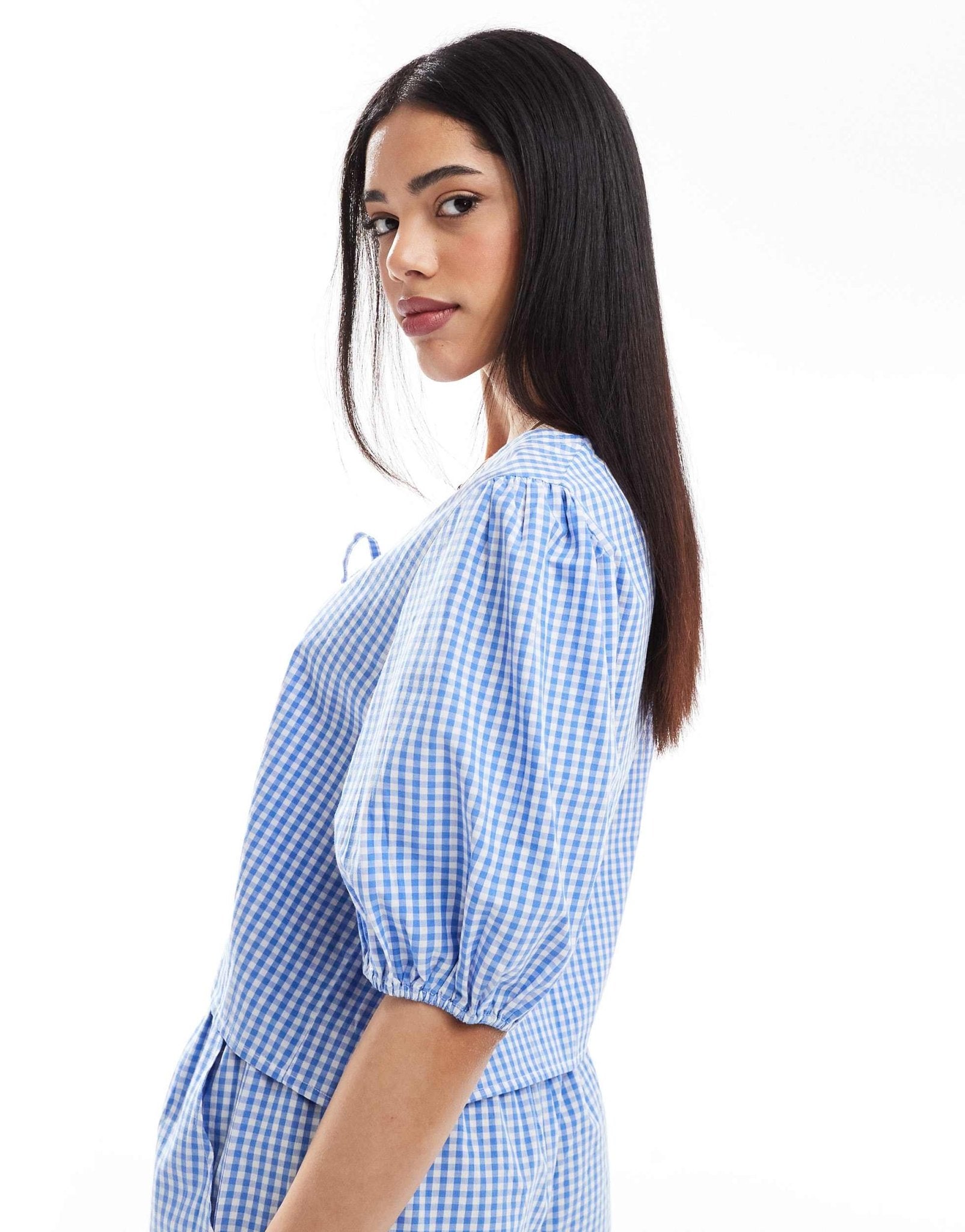 Esmee Exclusive tie front puff sleeve beach top in blue and white gingham - ASOS Sample Sale