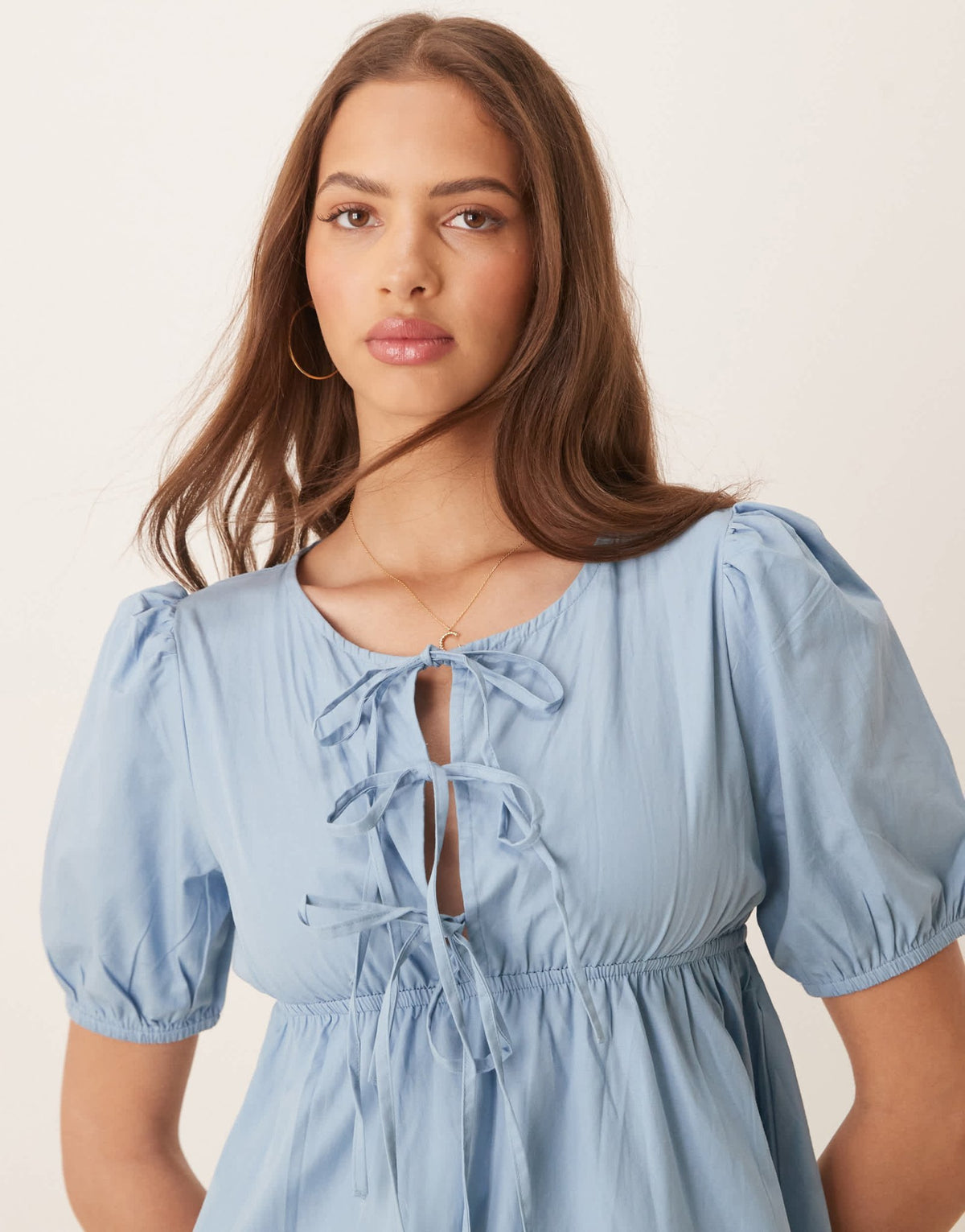 Esmee Exclusive tie front puff sleeve mini beah dress in dusty blue - ASOS Sample Sale