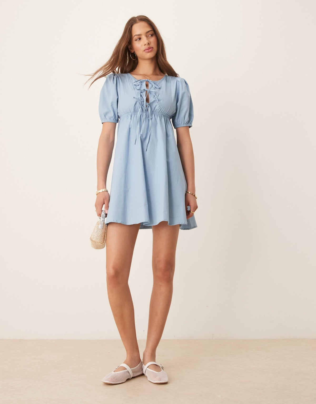 Esmee Exclusive tie front puff sleeve mini beah dress in dusty blue - ASOS Sample Sale