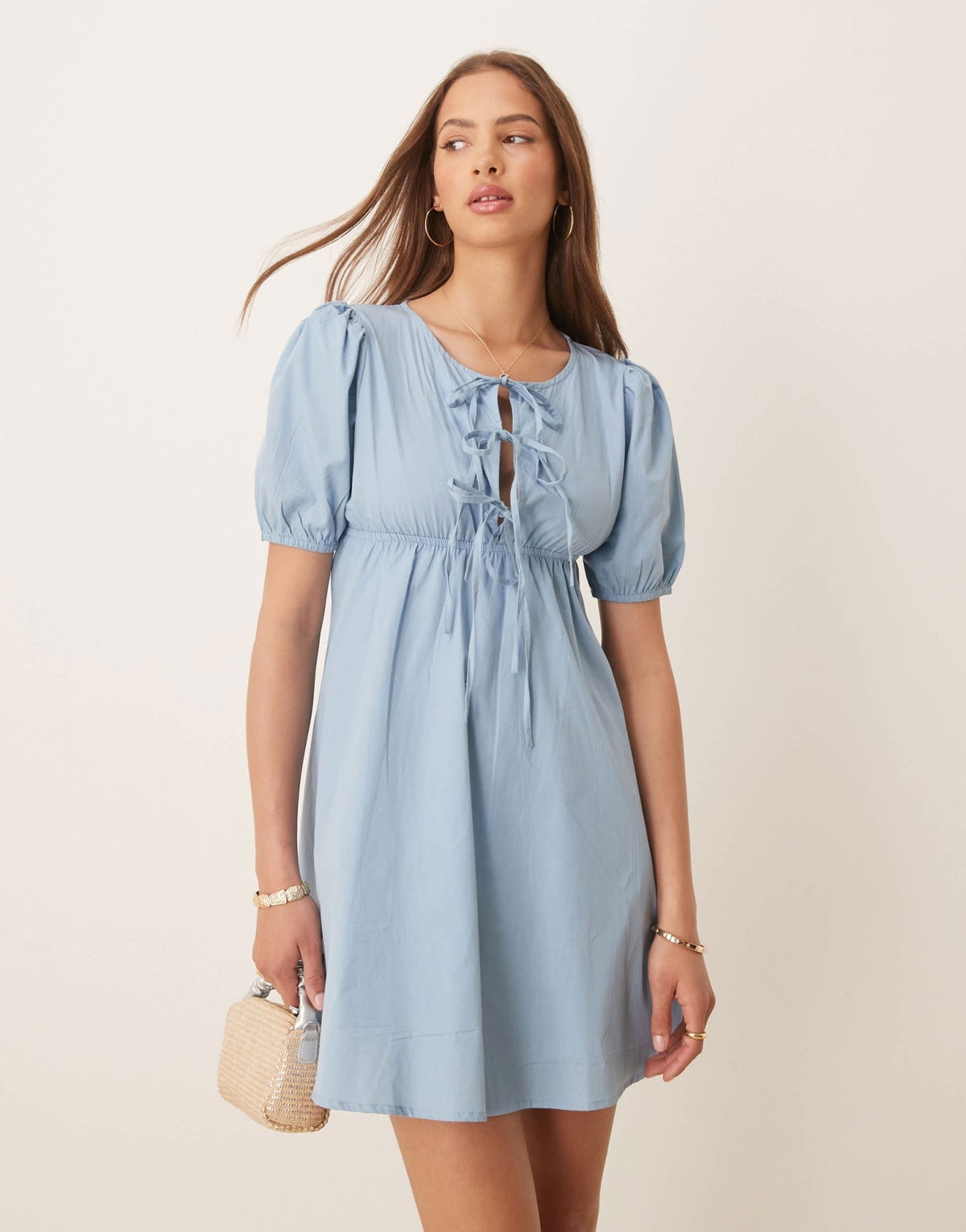 Esmee Exclusive tie front puff sleeve mini beah dress in dusty blue - ASOS Sample Sale