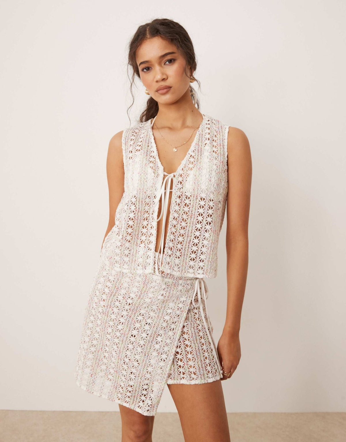Esmee Exclusive tie front waistcoat in pink & green broderie - ASOS Sample Sale