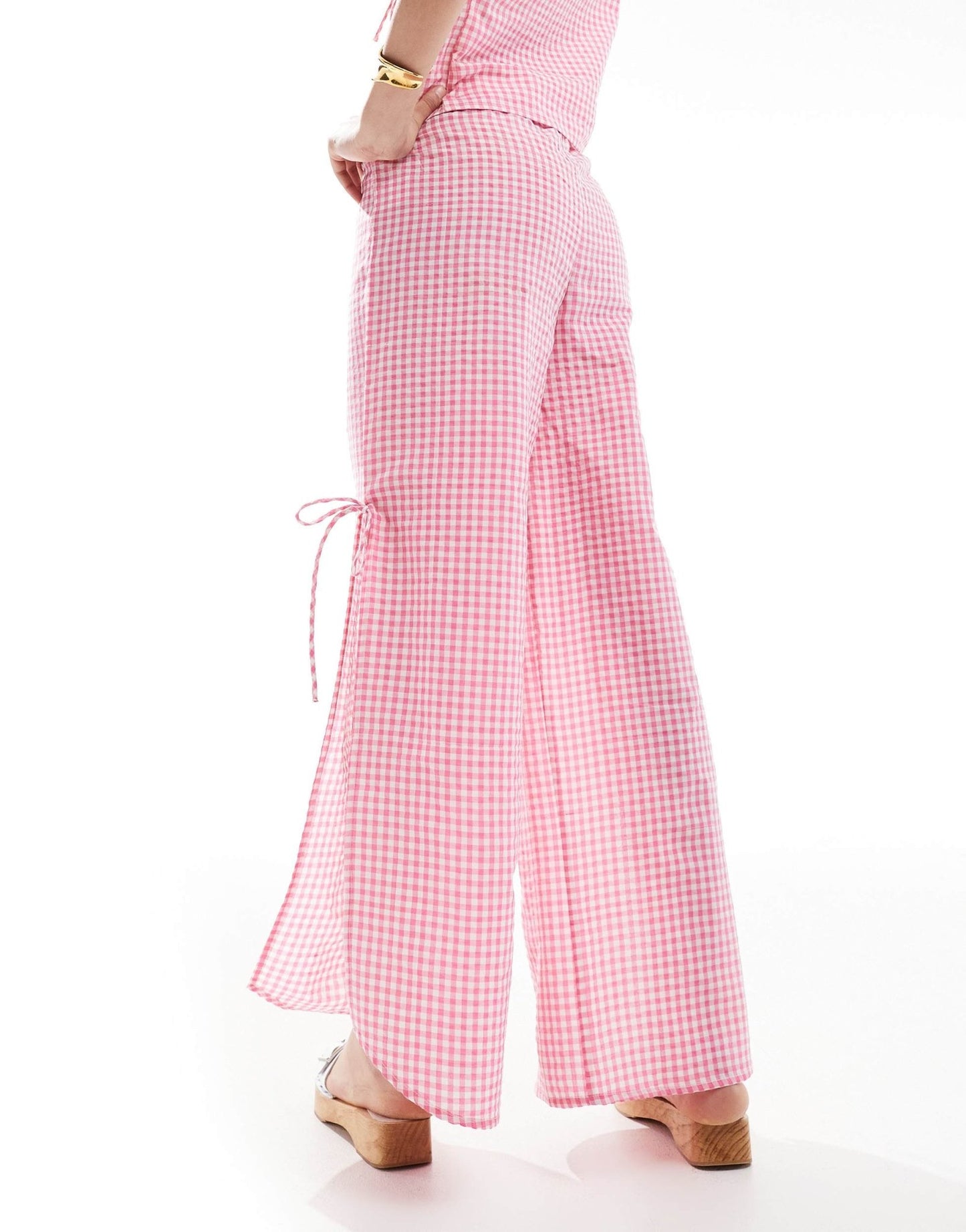 Esmee Exclusive tie side beach trouser in pink gingham - ASOS Sample Sale