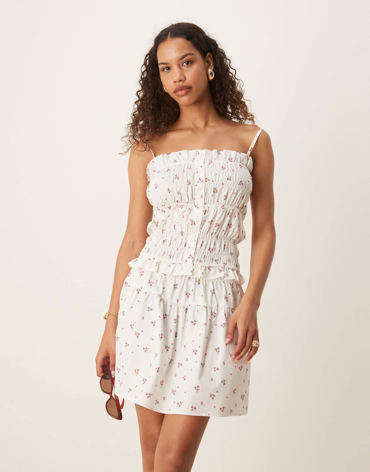 Esmee Exclusive tiered beach crop top with trim detail in white and pink ditsy print - ASOS Sample Sale