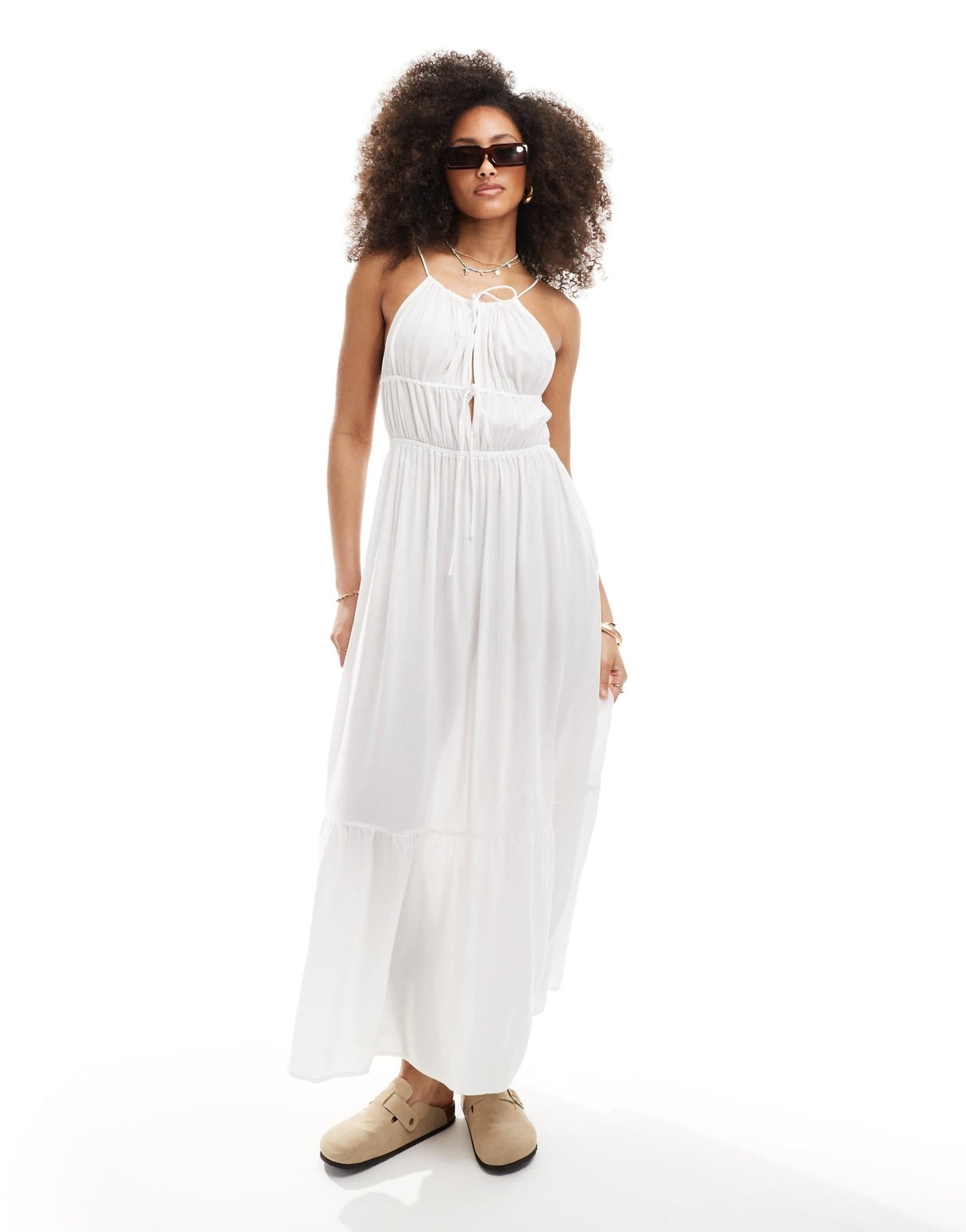 Esmee tie front cut out tiered maxi strappy beach dress in white - ASOS Sample Sale