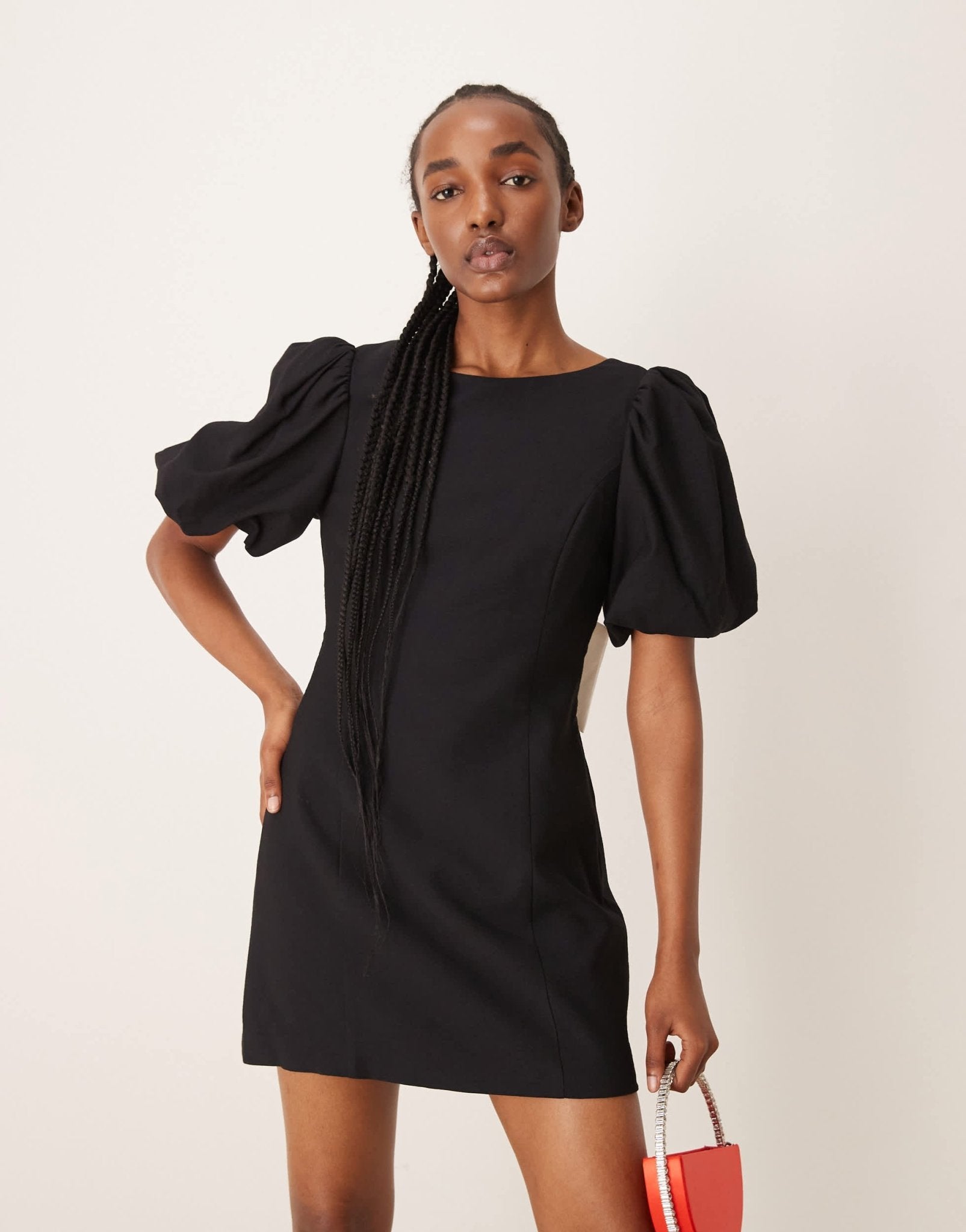 Ever New bow back puff sleeve mini dress in black - ASOS Sample Sale