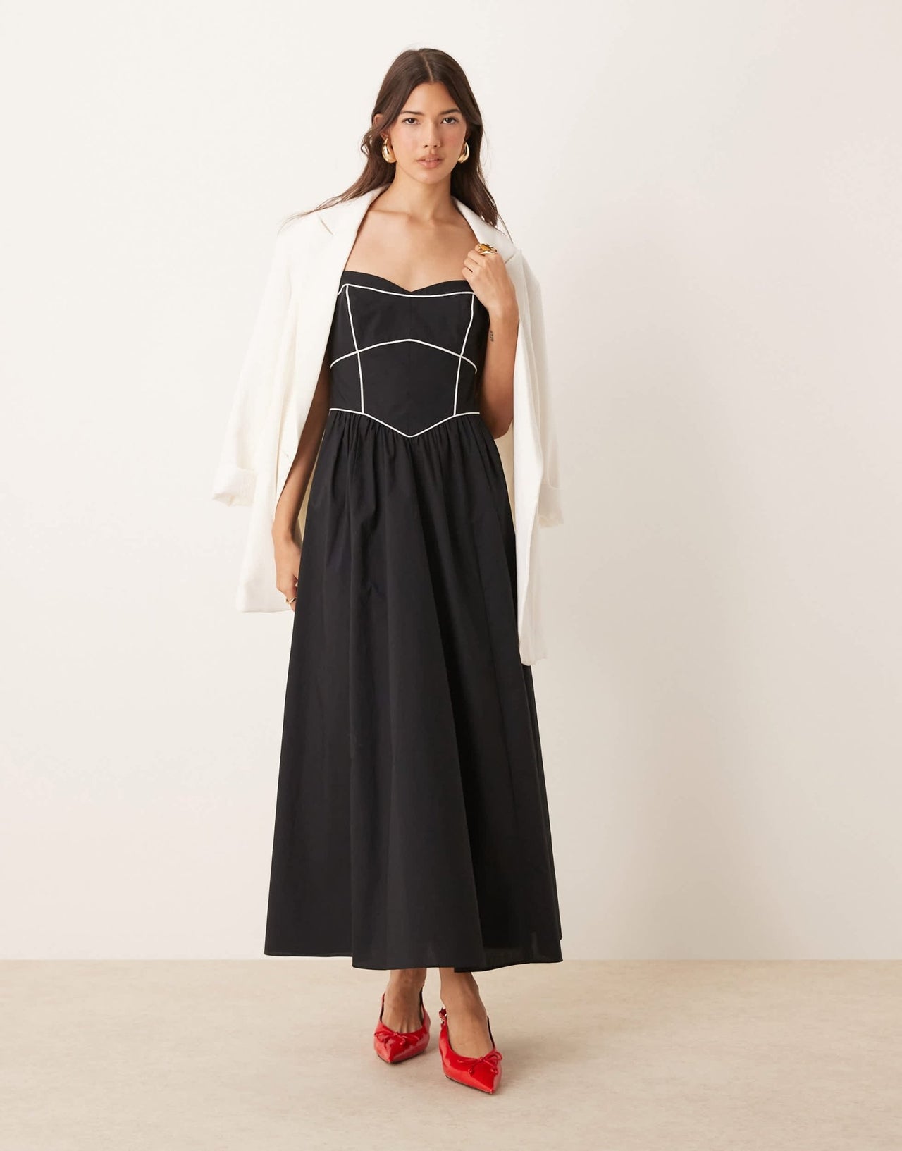 Ever New contrast stitch drop hem maxi dress in black - ASOS Sample Sale