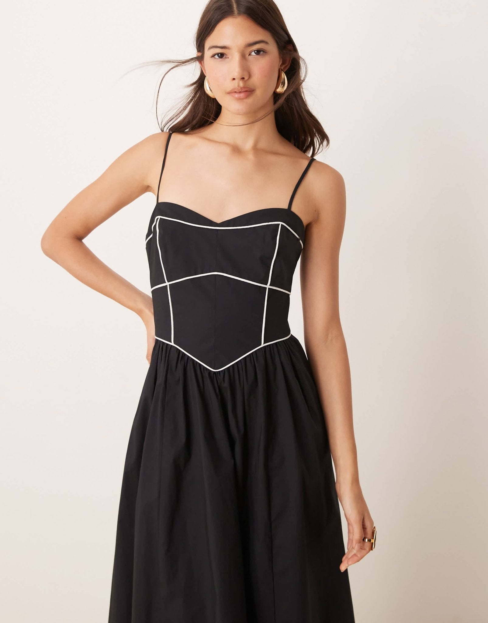 Ever New contrast stitch drop hem maxi dress in black - ASOS Sample Sale