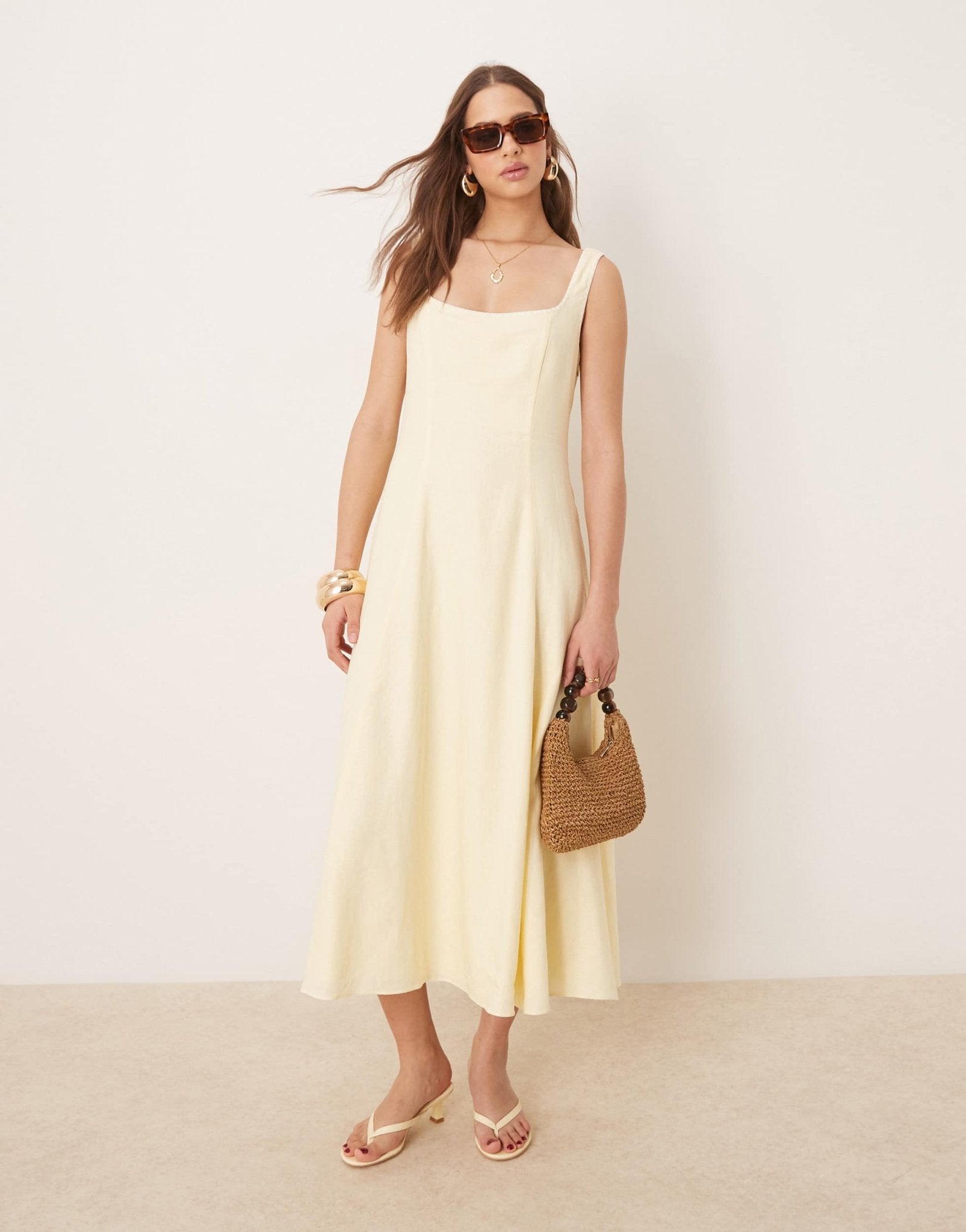 Ever New linen contrast stitch midaxi dress in lemon - ASOS Sample Sale
