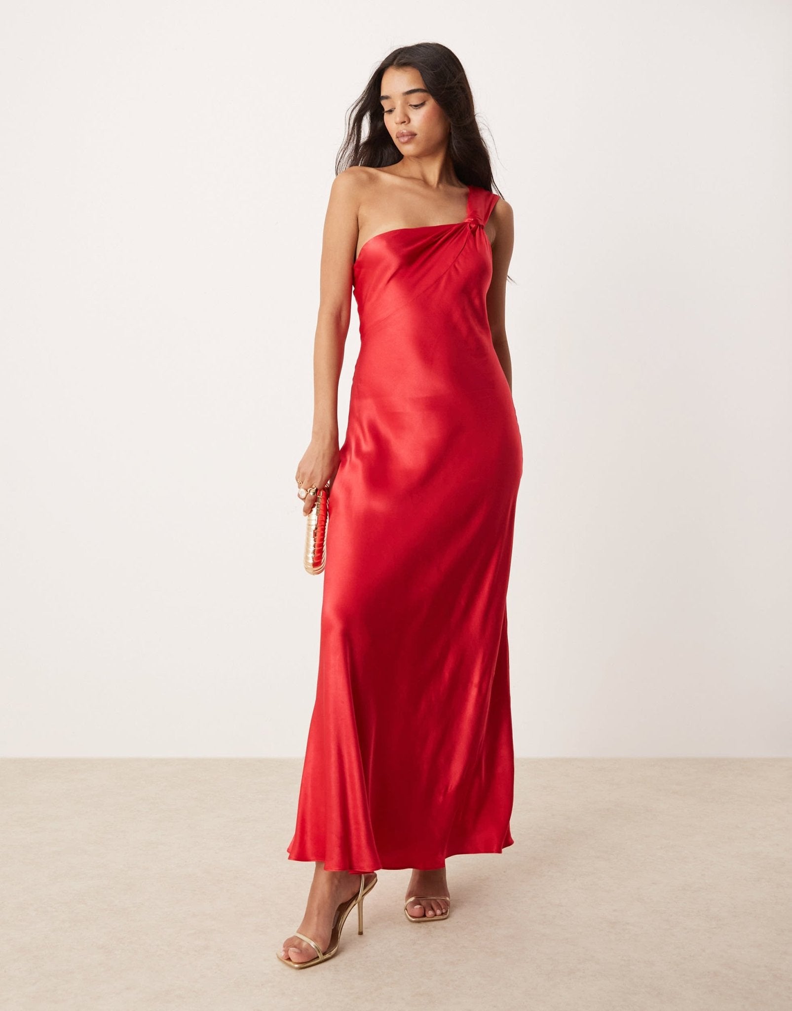 Ever New off shoulder satin midaxi dress in red - ASOS Sample Sale