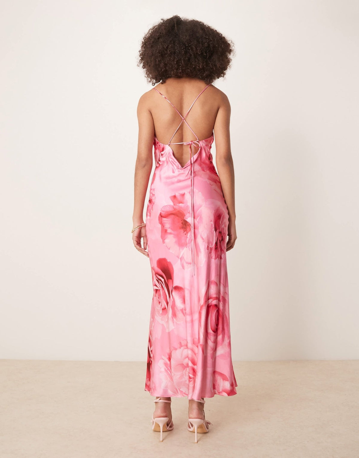 Ever New oversized rose print satin slip maxi dress in bright pink - ASOS Sample Sale