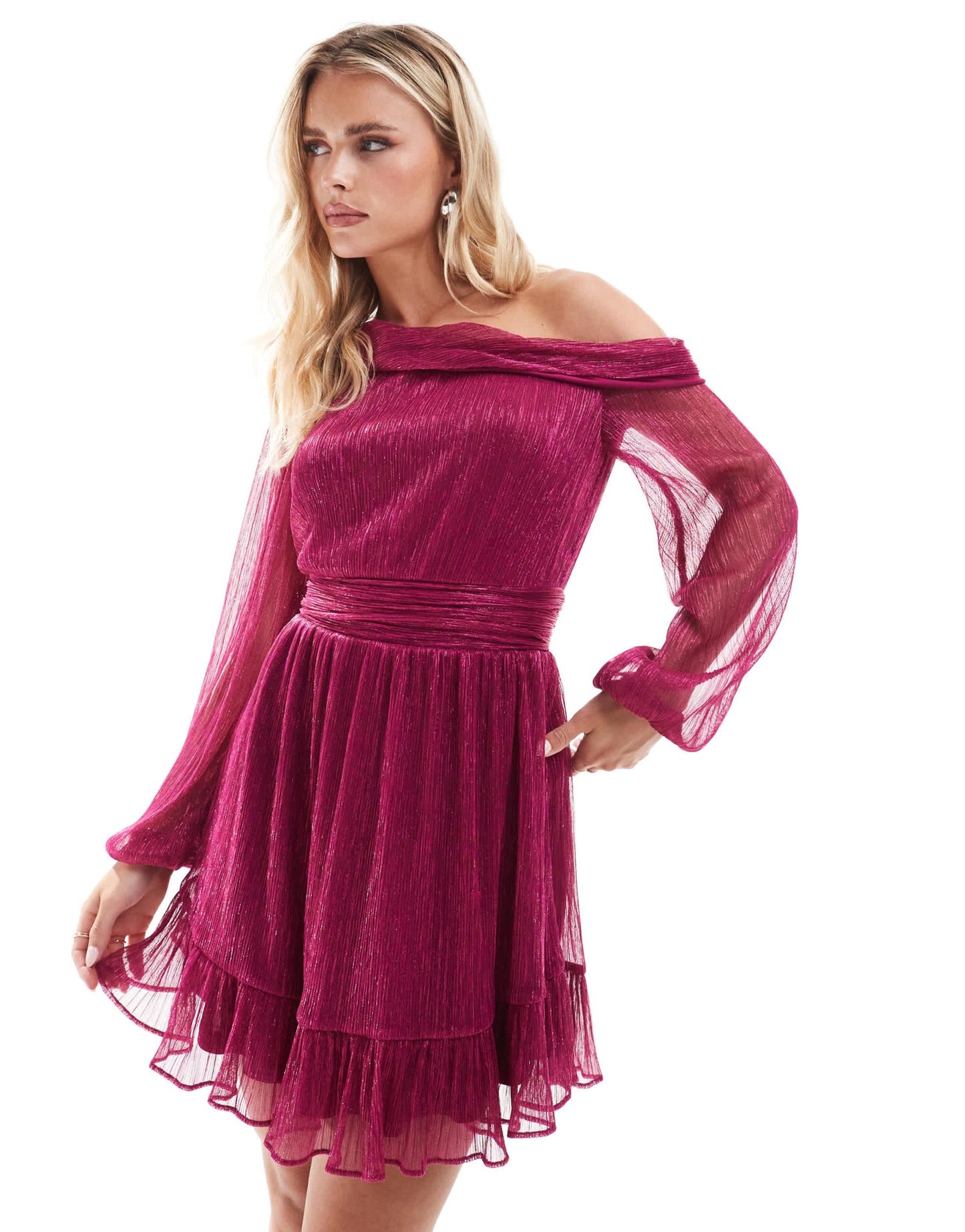 Ever New Petite drop shoulder plisse mini dress in pink - ASOS Sample Sale
