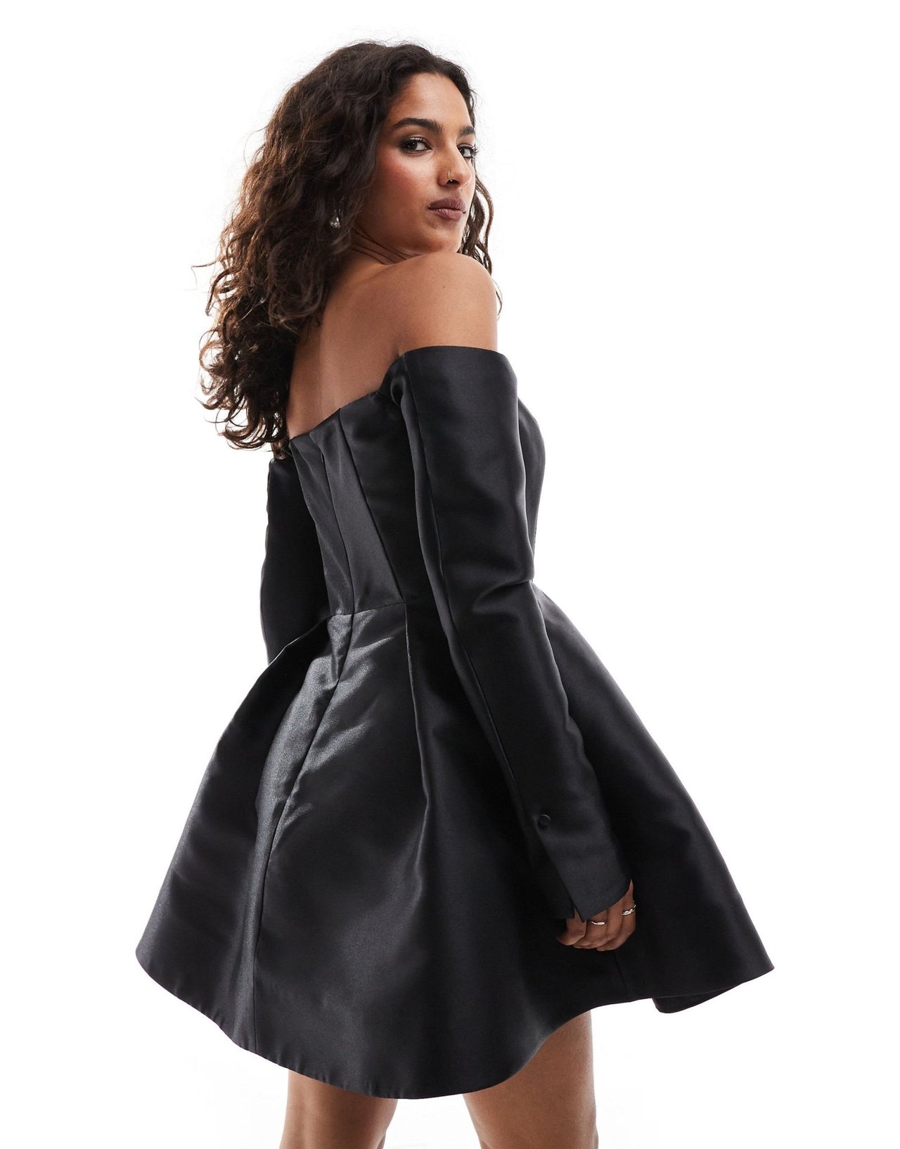 Ever New Petite satin long sleeve mini dress in black - ASOS Sample Sale