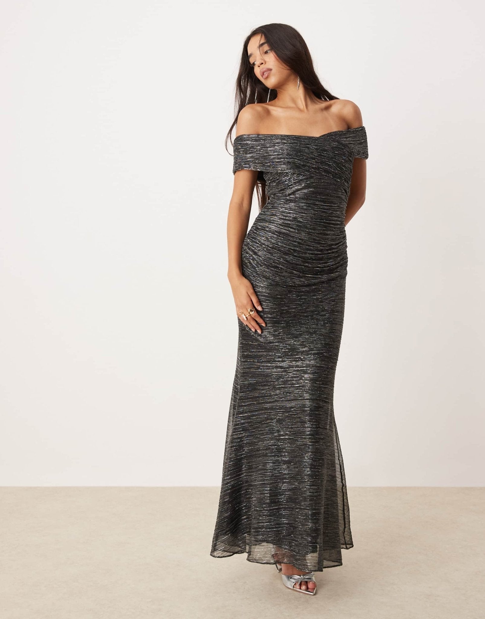 Ever New ruched metallic plisse midaxi dress in charcoal - ASOS Sample Sale