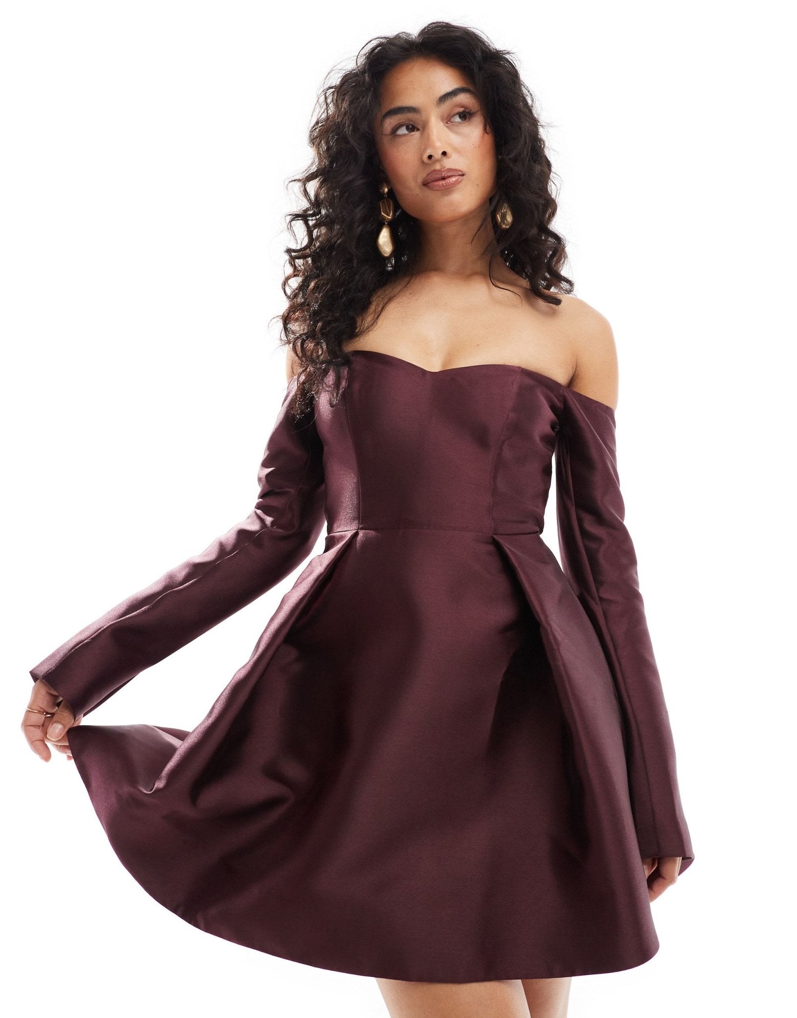 Ever New satin long sleeve mini dress in oxblood - ASOS Sample Sale