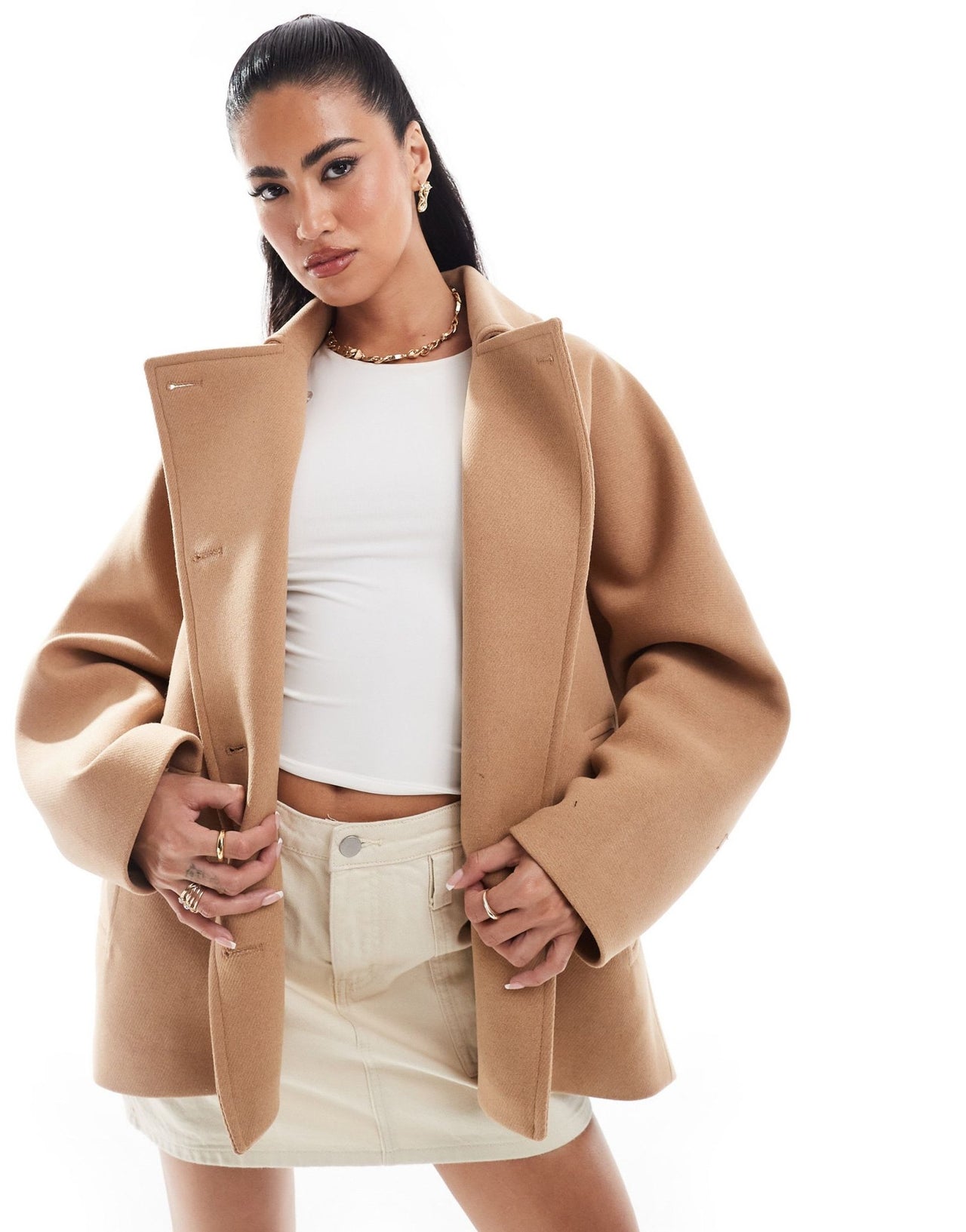 Ever New top collar coat in stone - ASOS Sample Sale