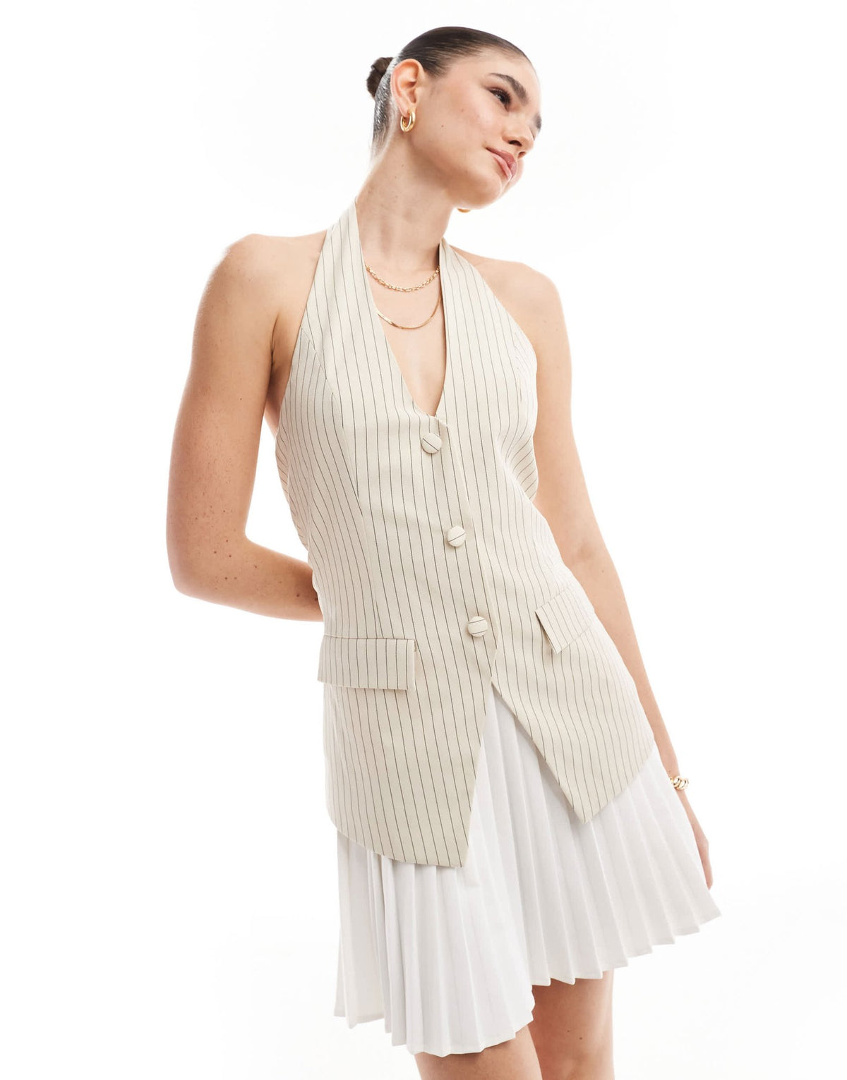 Extro & Vert 2 in 1 waistcoat tailored pleat mini dress in cream pinstripe - ASOS Sample Sale