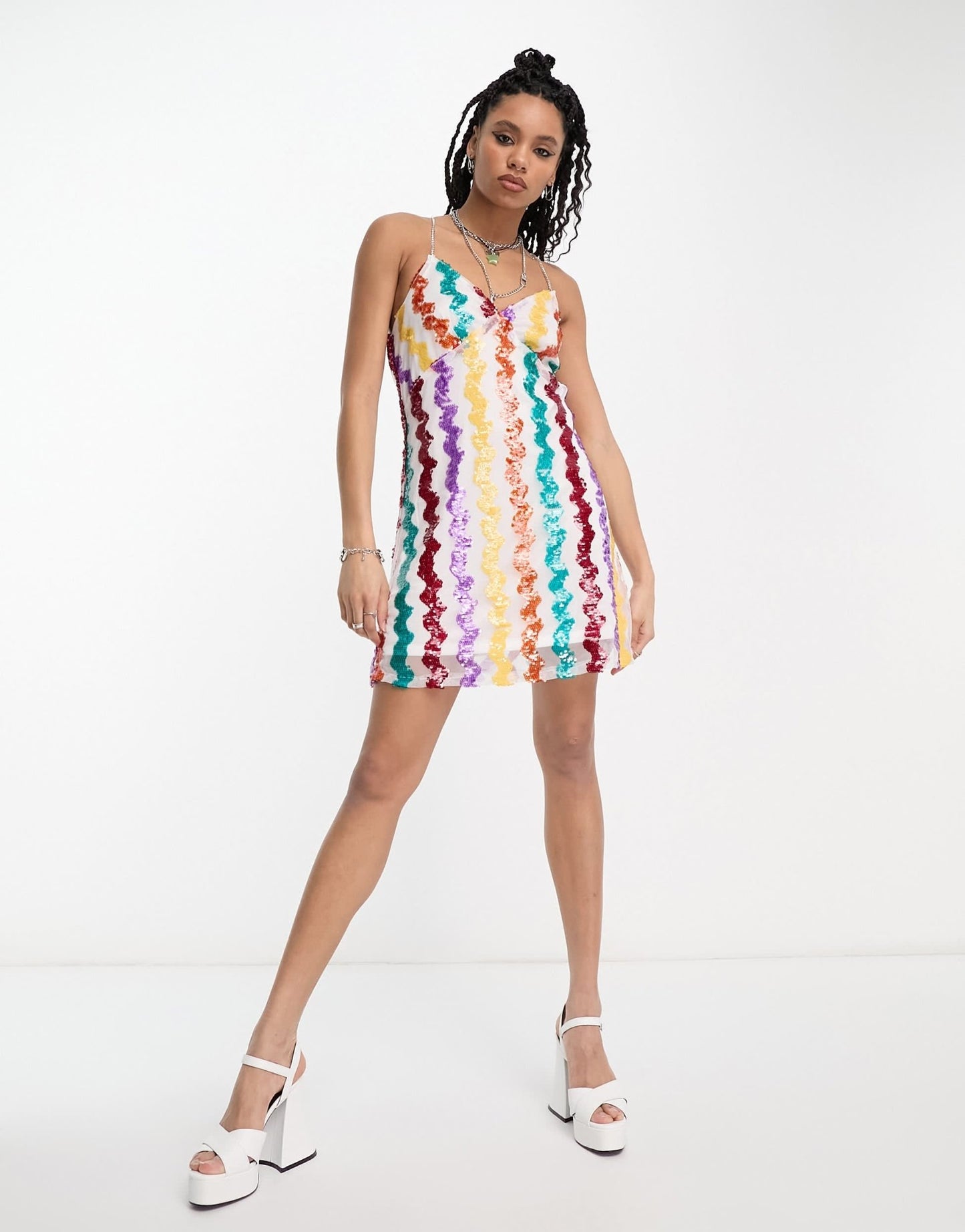 Extro & Vert Premium cami mini dress in rainbow swirl sequin with diamante straps - ASOS Sample Sale