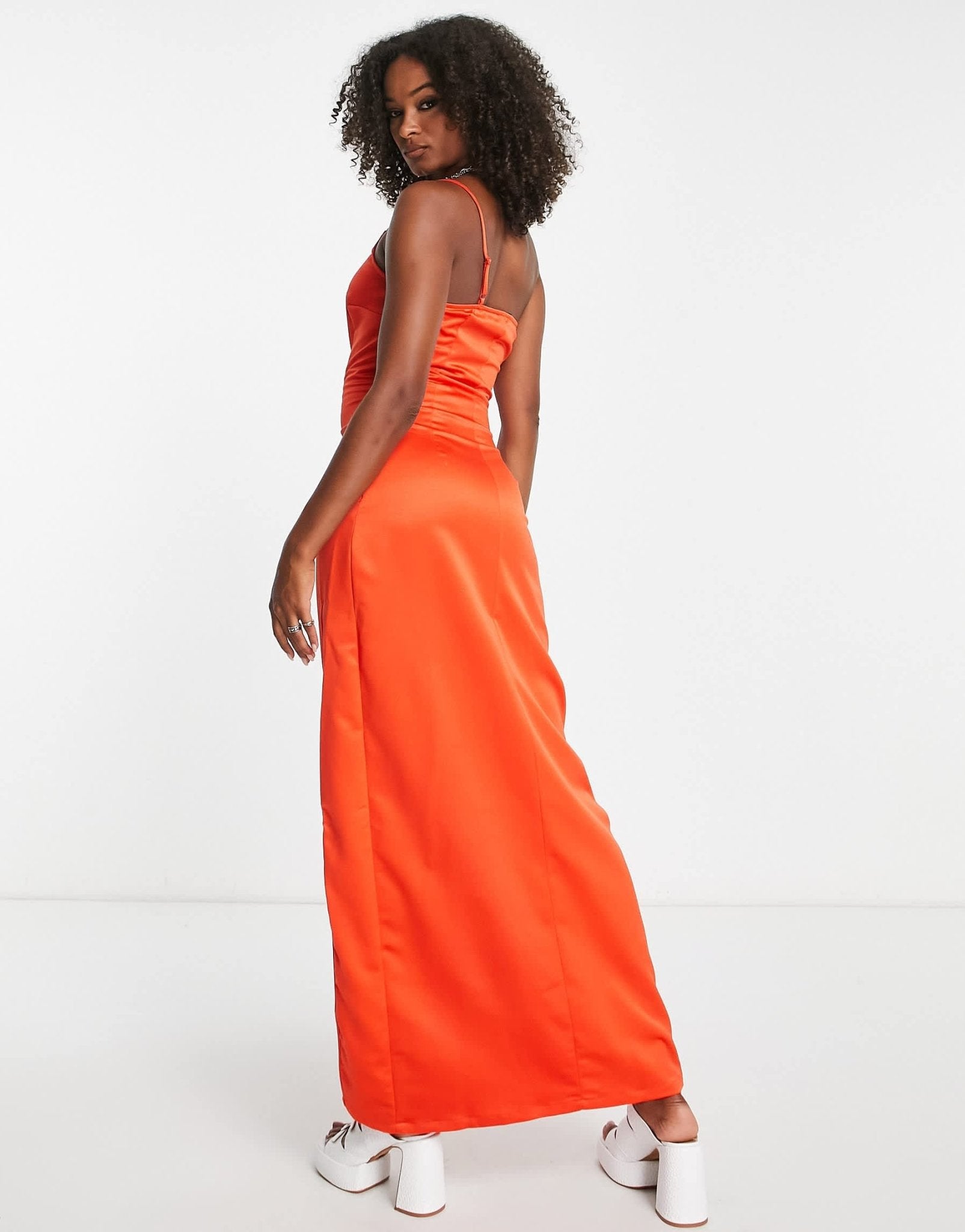 Extro & Vert Tall one shoulder maxi dress with split in rust satin - ASOS Sample Sale