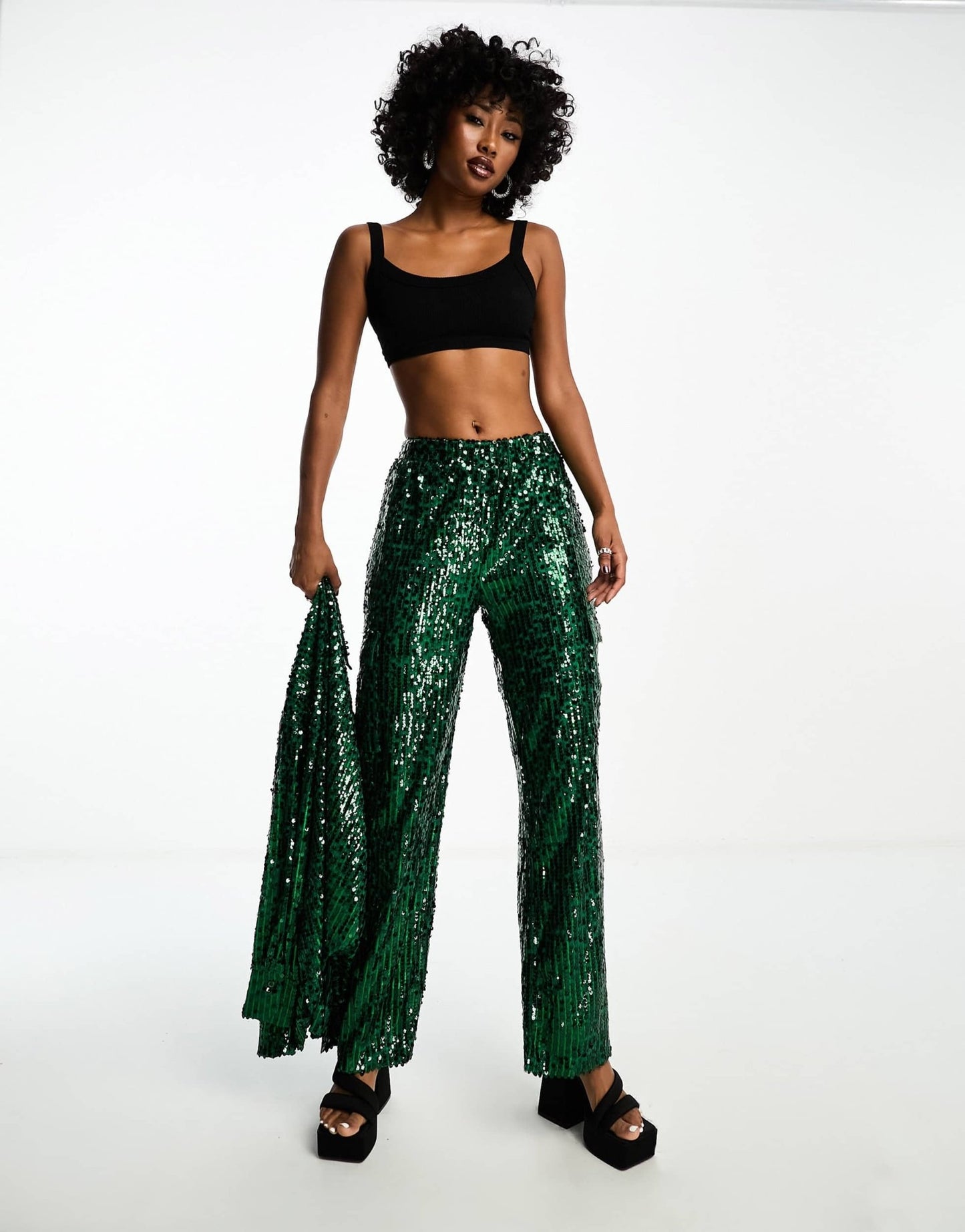 Extro & Vert wide leg sequin cargo trousers co - ord in emerald green - ASOS Sample Sale