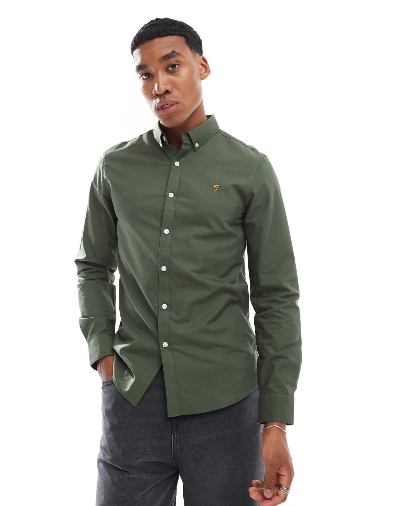 Farah Brewer slim fit long sleeve oxford shirt in forest green - ASOS Sample Sale