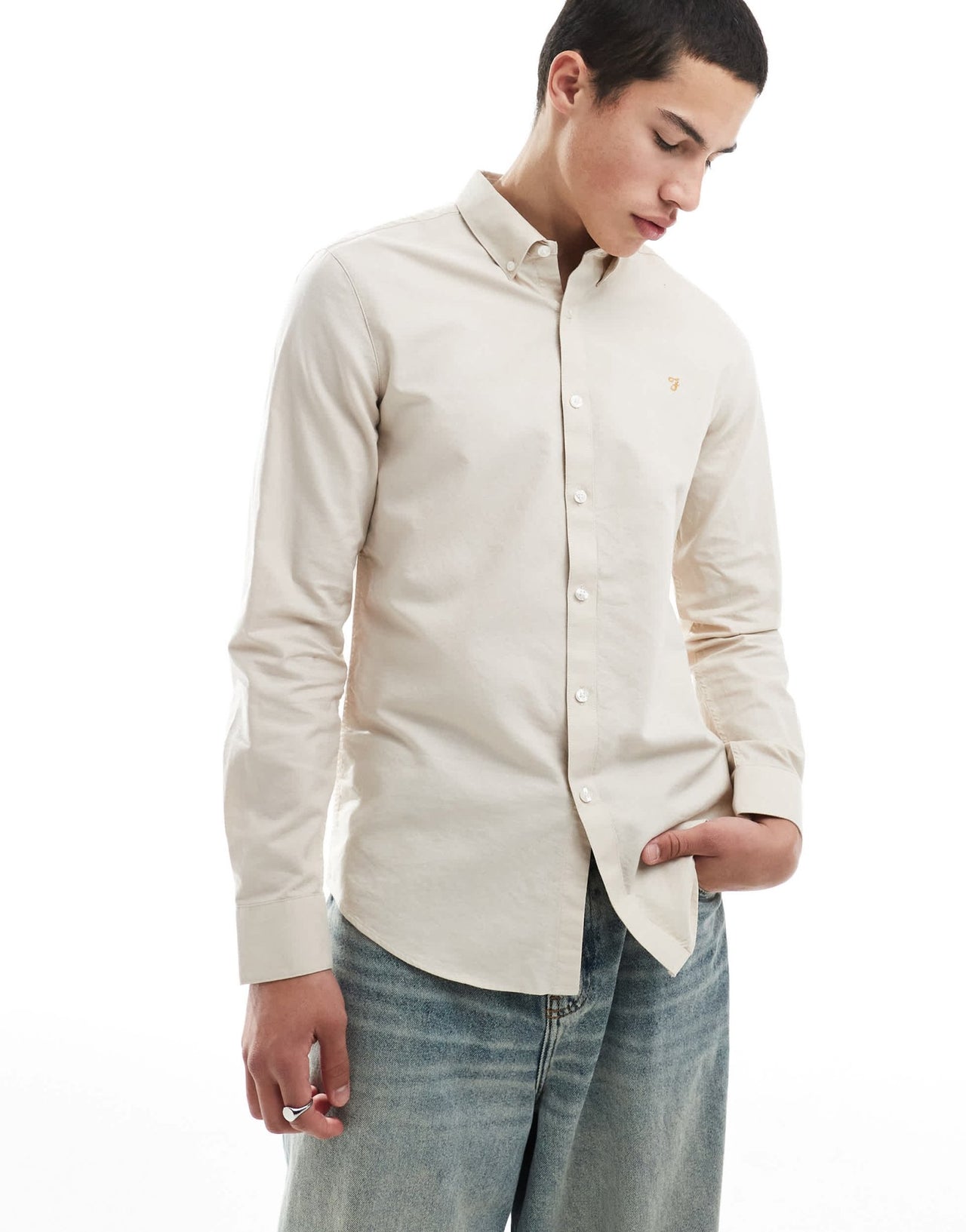 Farah Brewer slim fit long sleeve shirt in off white - ASOS Sample Sale