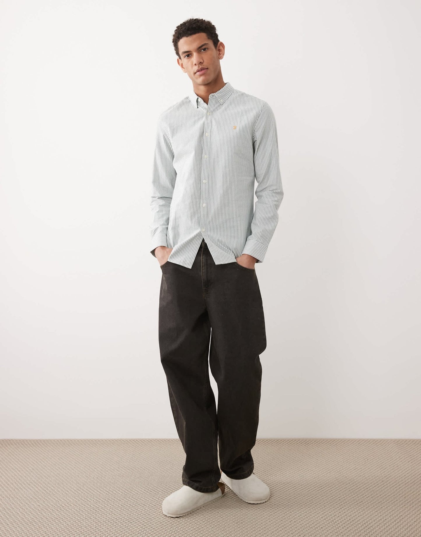 Farah Brewer stripe long sleeve shirt in green and white - ASOS Sample Sale
