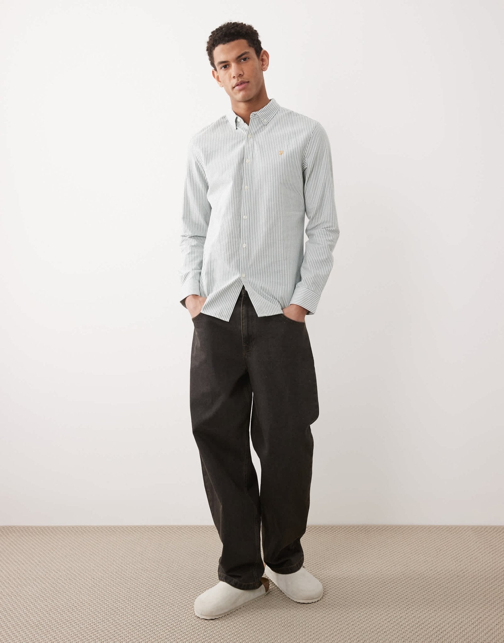 Farah Brewer stripe long sleeve shirt in green and white - ASOS Sample Sale