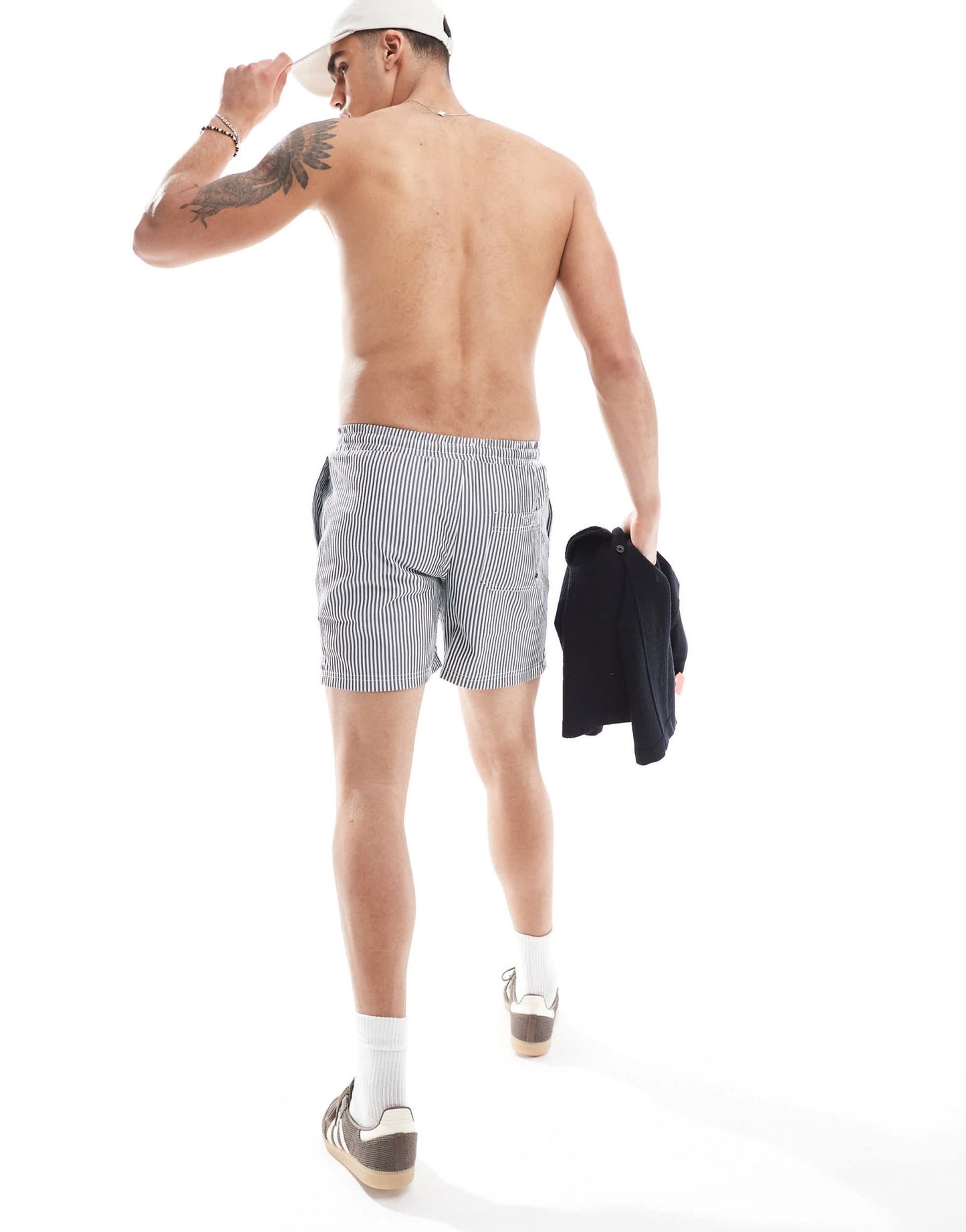 Farah Colbert seersucker stripe swim shorts in navy and white - ASOS Sample Sale