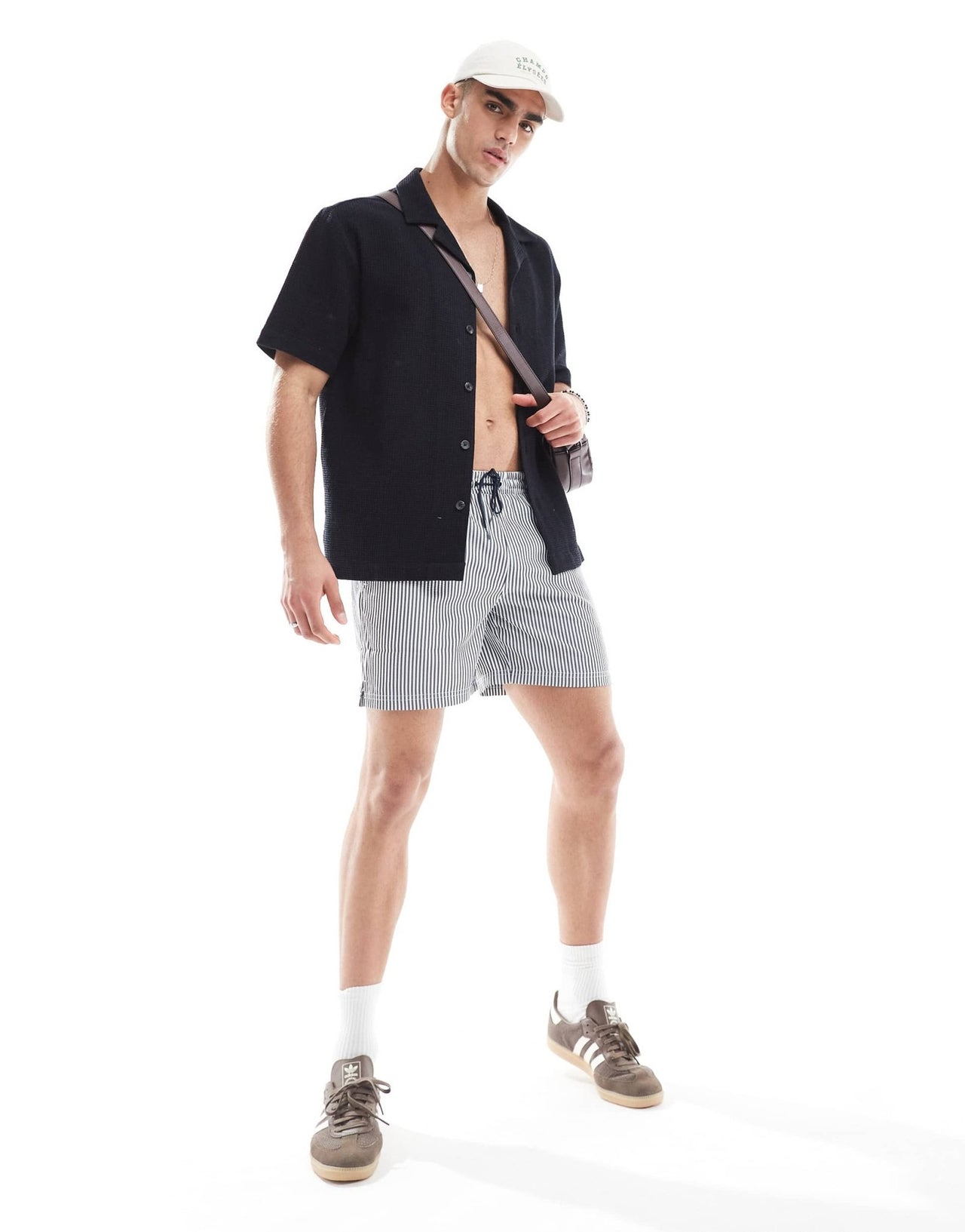 Farah Colbert seersucker stripe swim shorts in navy and white - ASOS Sample Sale