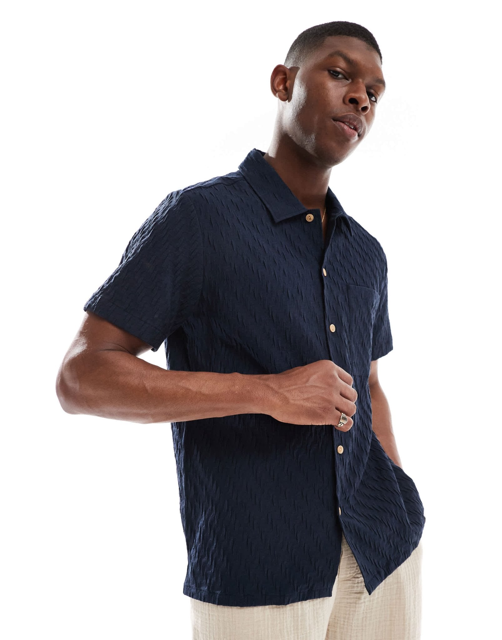 Farah finn short sleeve textured shirt in navy - ASOS Sample Sale