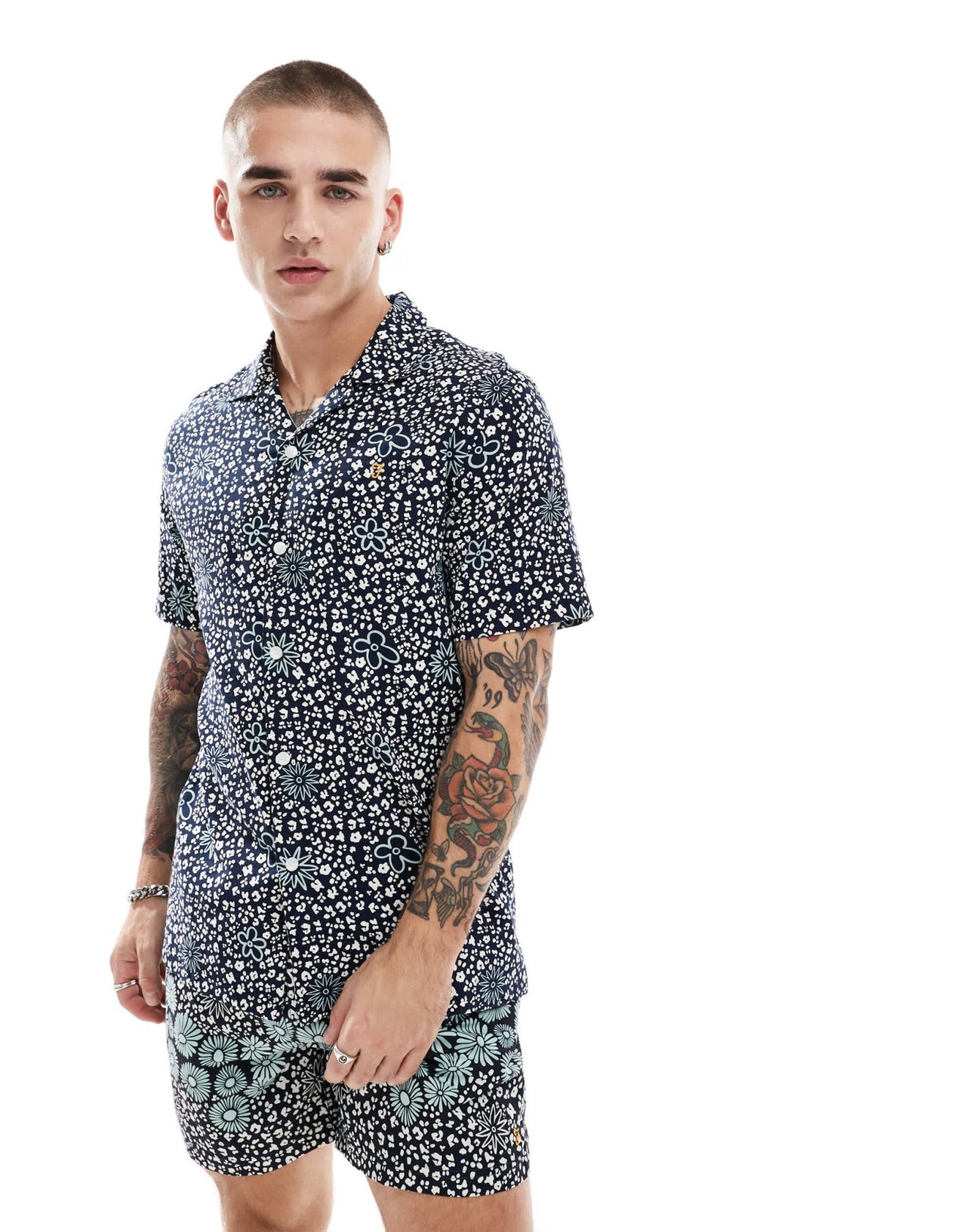 Farah landon co - ord short sleeve revere collared shirt in navy floral print - ASOS Sample Sale