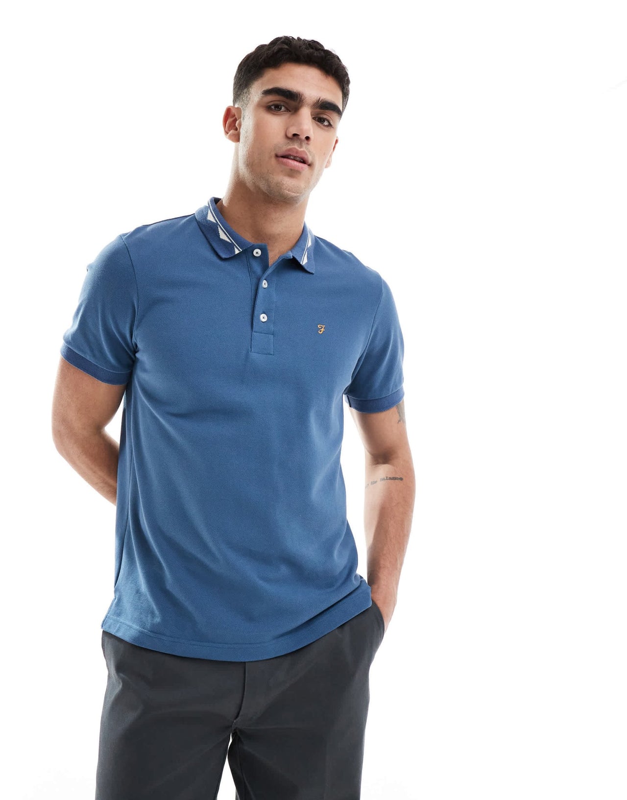 Farah reeves short sleeve polo in blue with jacquard collar - ASOS Sample Sale