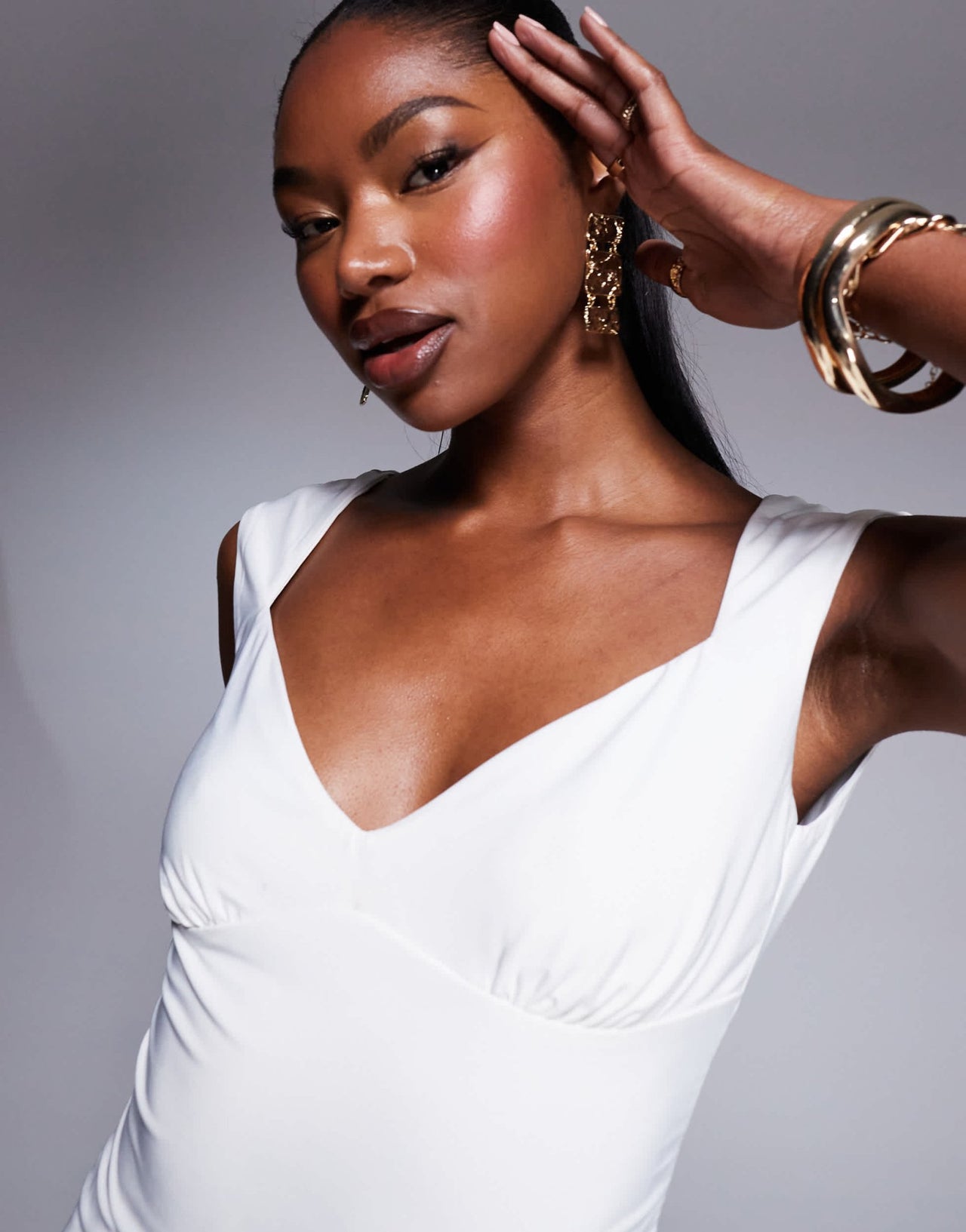 Fashionkilla double layered slinky ruched bust cap sleeve top co - ord in off white - ASOS Sample Sale
