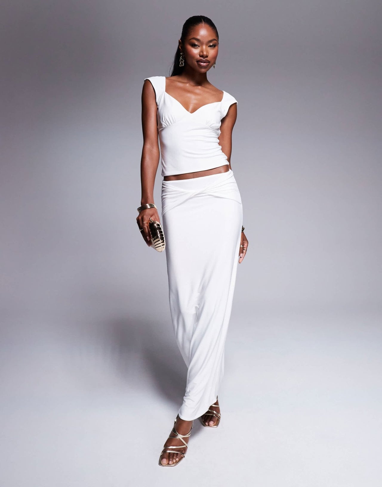 Fashionkilla double layered slinky ruched bust cap sleeve top co - ord in off white - ASOS Sample Sale