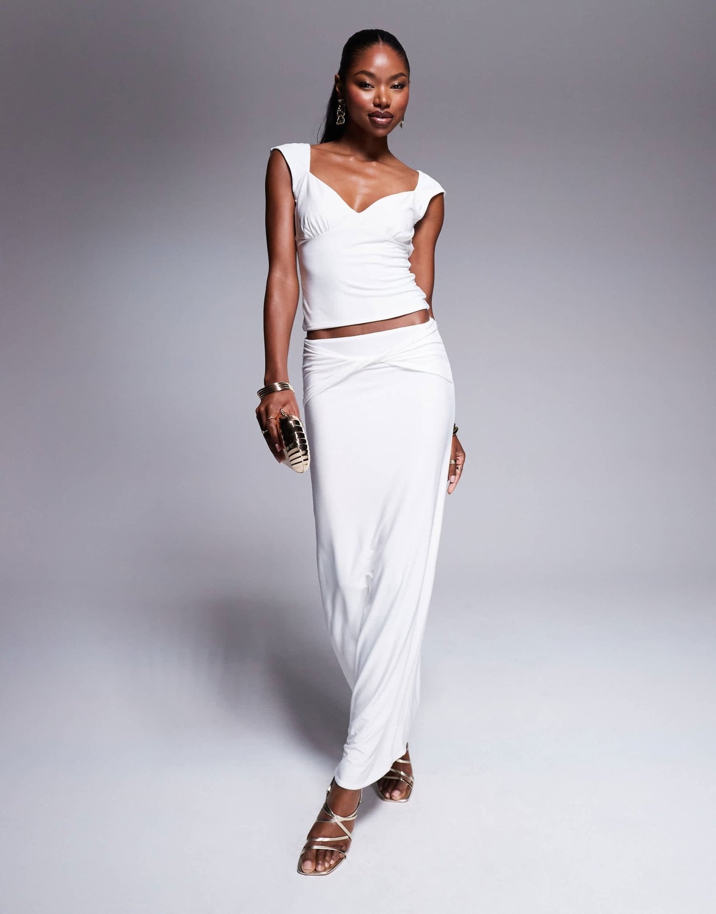 Fashionkilla double layered slinky ruched bust cap sleeve top co - ord in off white - ASOS Sample Sale