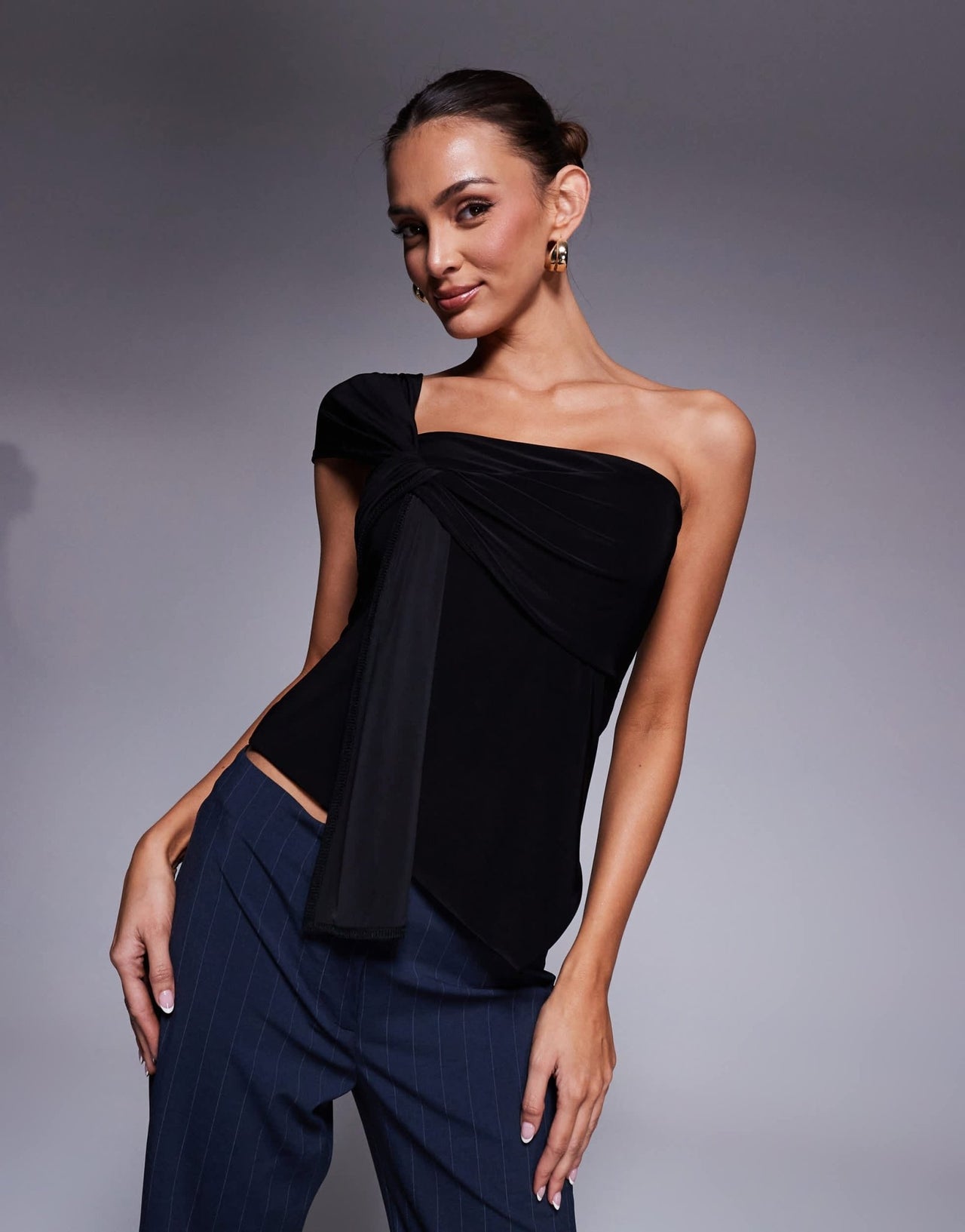 Fashionkilla double sculpted slinky asymmetric knot front detail top in black - ASOS Sample Sale