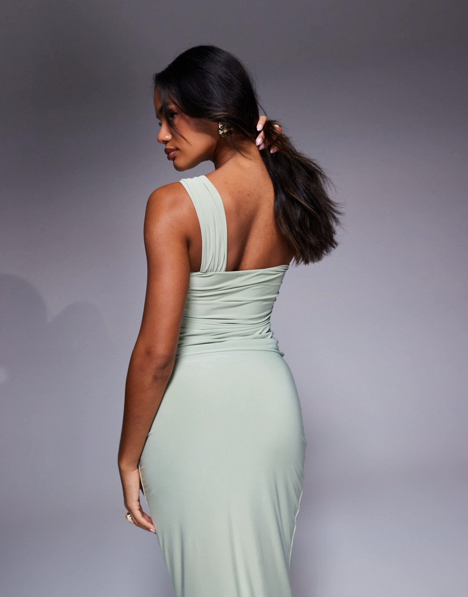 Fashionkilla double sculpted slinky bandeau one shoulder strap metal shell detail top co-ord in sage - ASOS Sample Sale