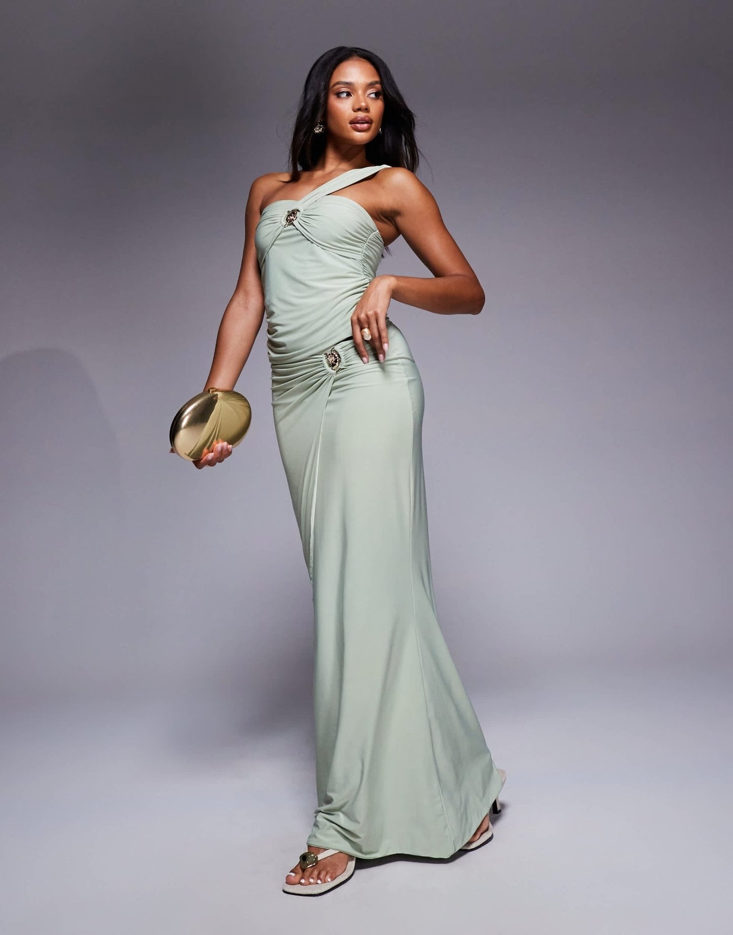 Fashionkilla double sculpted slinky bandeau one shoulder strap metal shell detail top co-ord in sage - ASOS Sample Sale