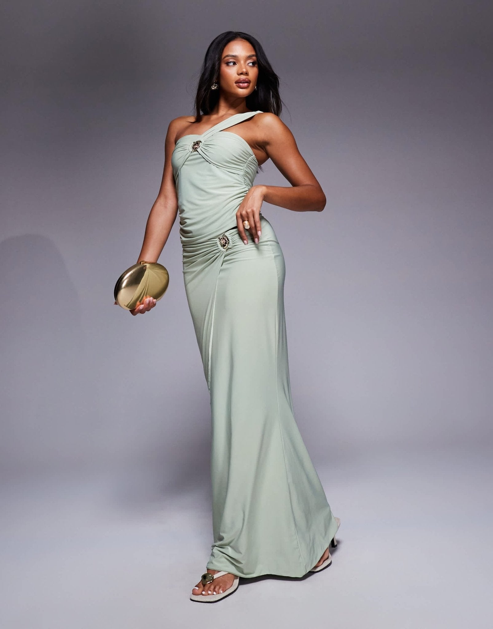 Fashionkilla double sculpted slinky bandeau one shoulder strap metal shell detail top co-ord in sage - ASOS Sample Sale