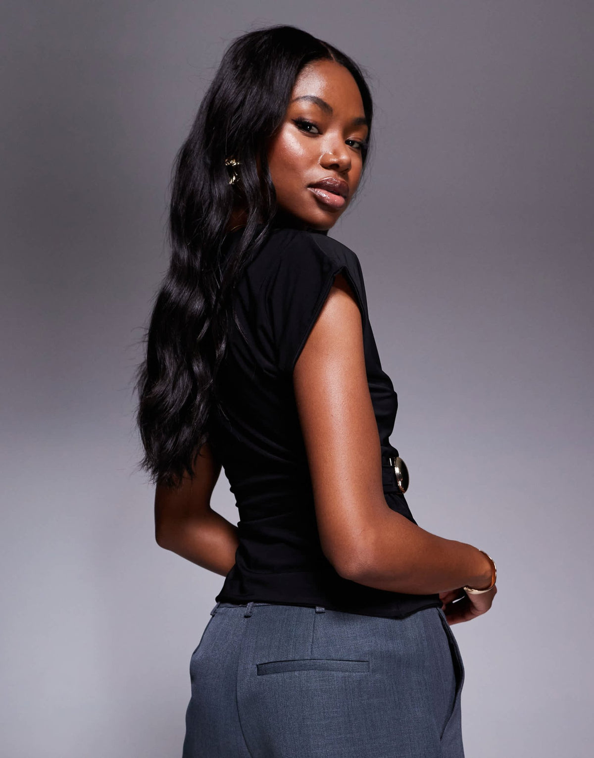 Fashionkilla double sculpted slinky metal detail ruched side t-shirt in black - ASOS Sample Sale