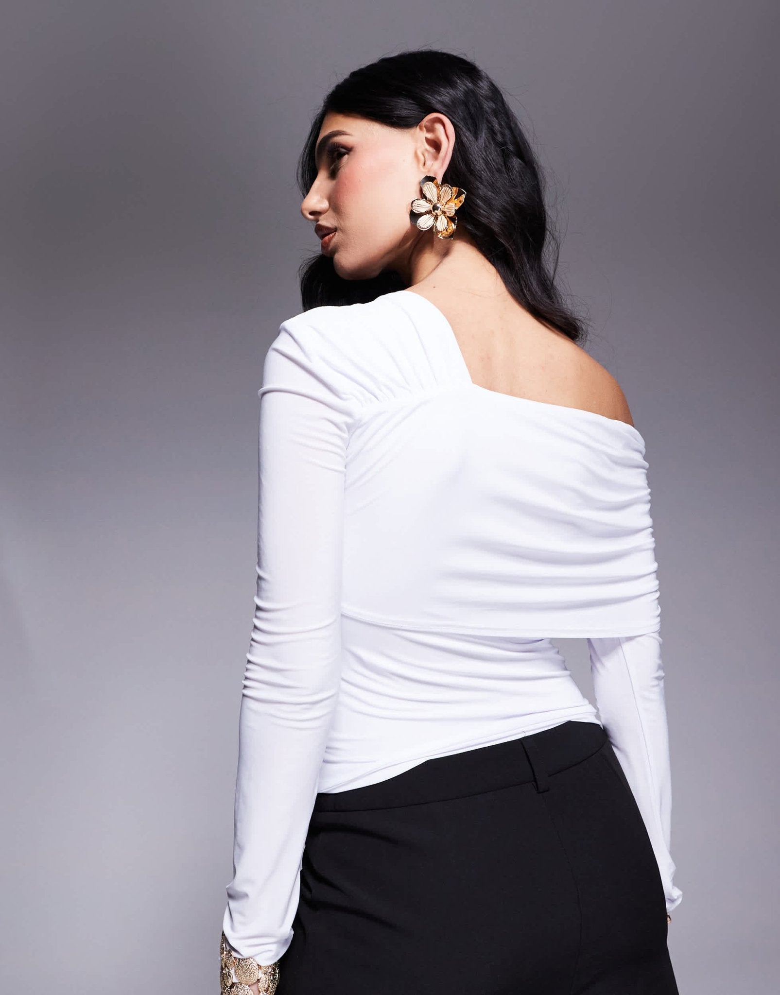 Fashionkilla double sculpted slinky one shoulder fold over top in white - ASOS Sample Sale