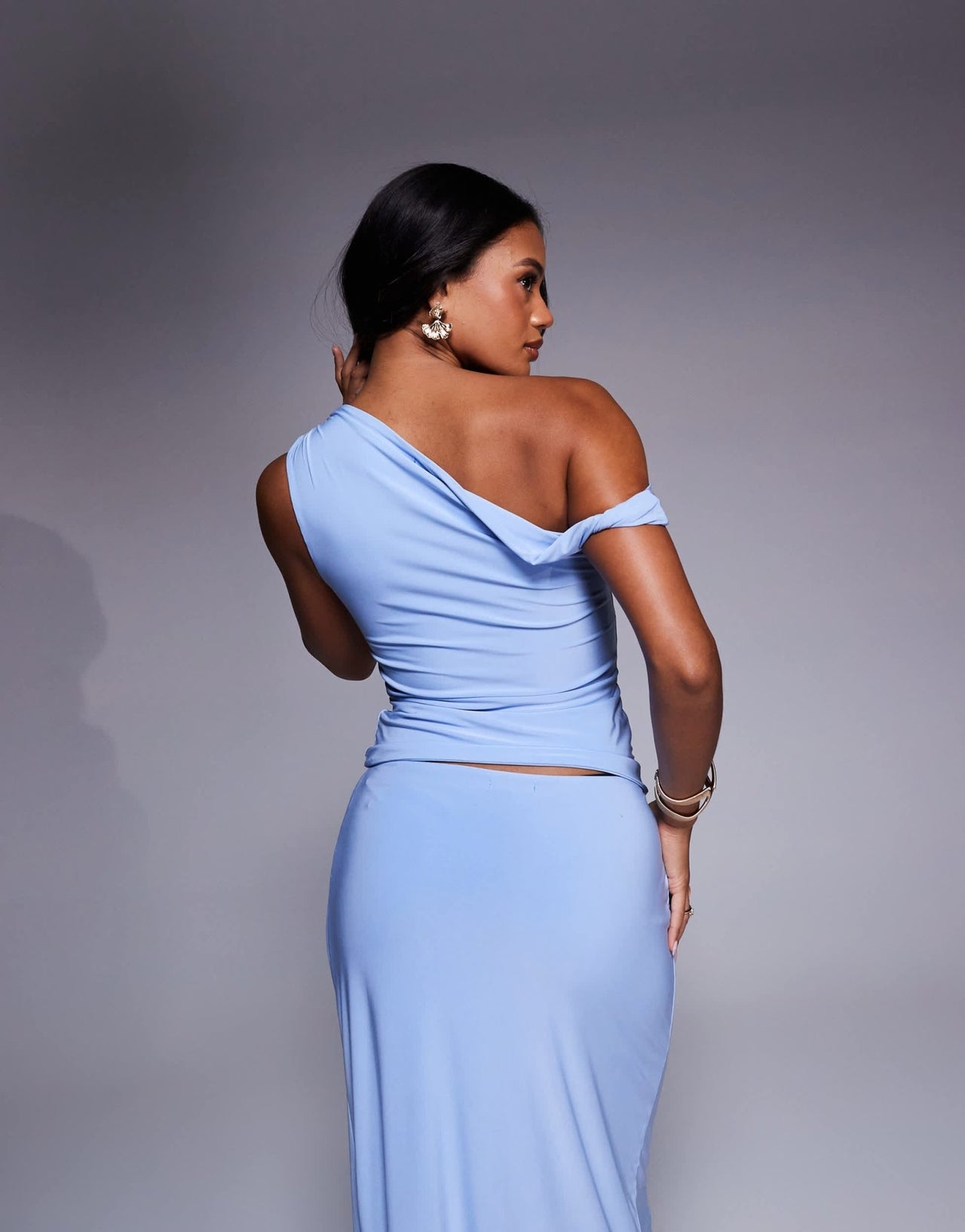 Fashionkilla double sculpted slinky one shoulder twist detail top co-ord in blue - ASOS Sample Sale