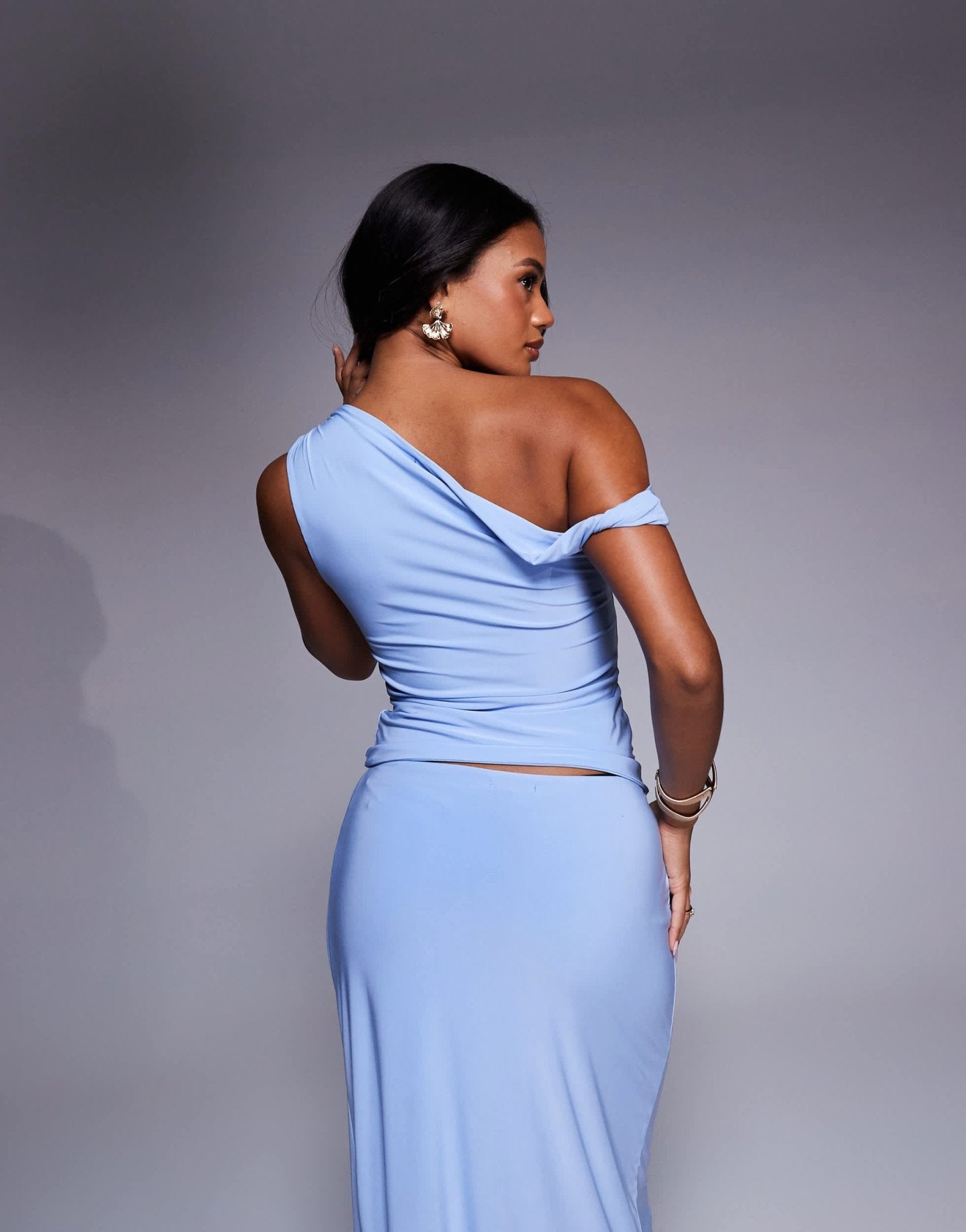Fashionkilla double sculpted slinky one shoulder twist detail top co-ord in blue - ASOS Sample Sale