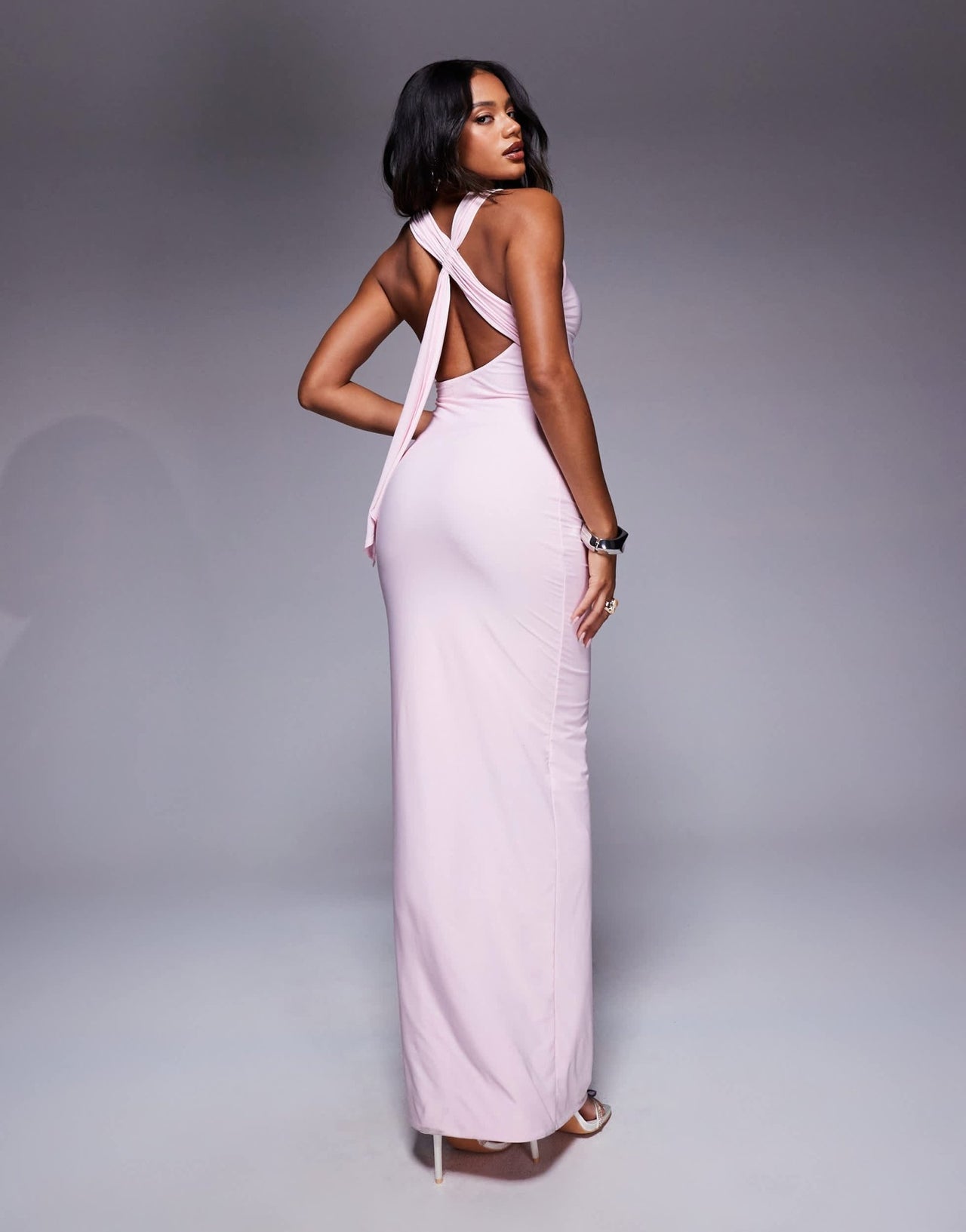 Fashionkilla double sculpted slinky open back drape detail maxi dress in baby pink - ASOS Sample Sale