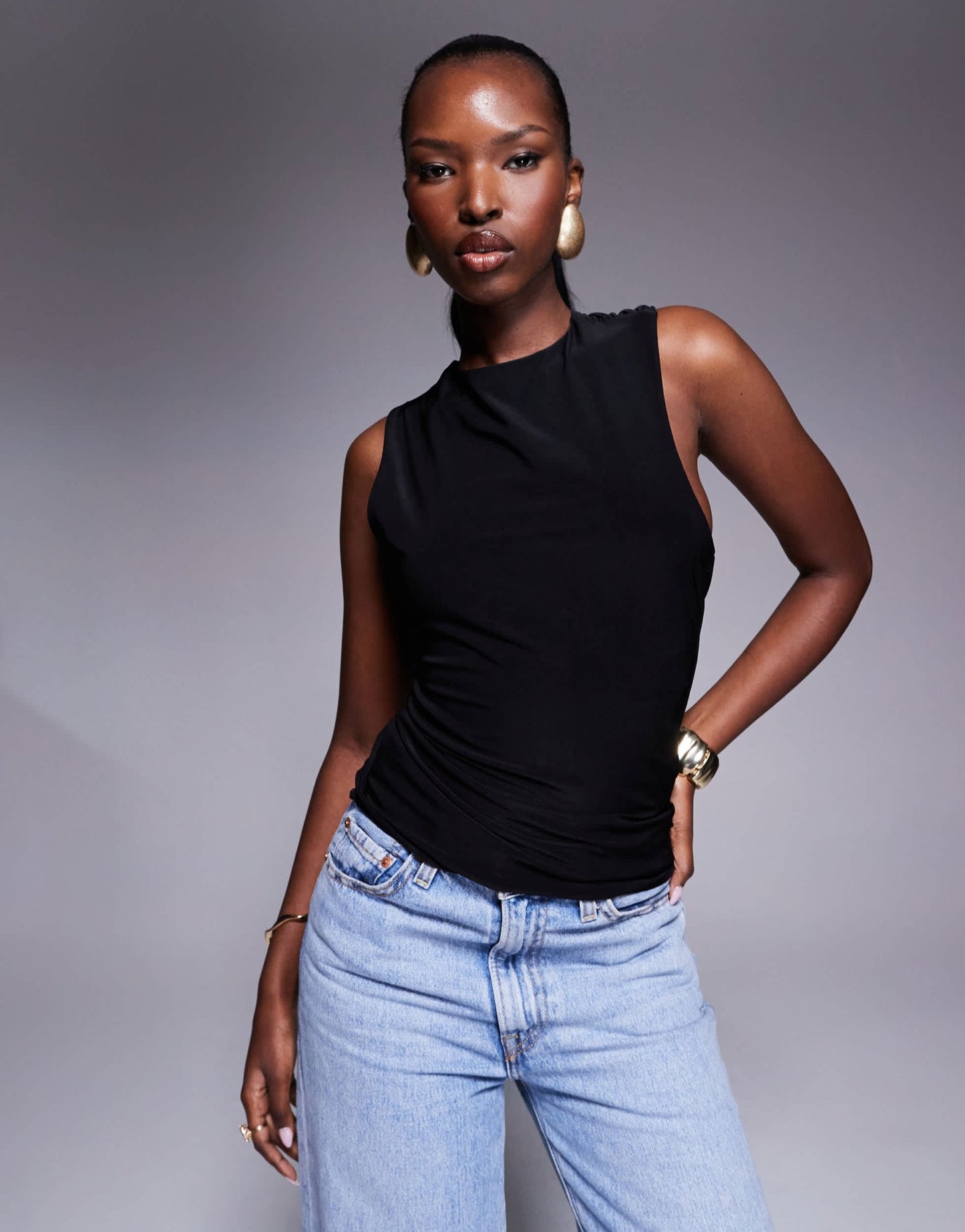 Fashionkilla double sculpted slinky open back drape detail top in black - ASOS Sample Sale