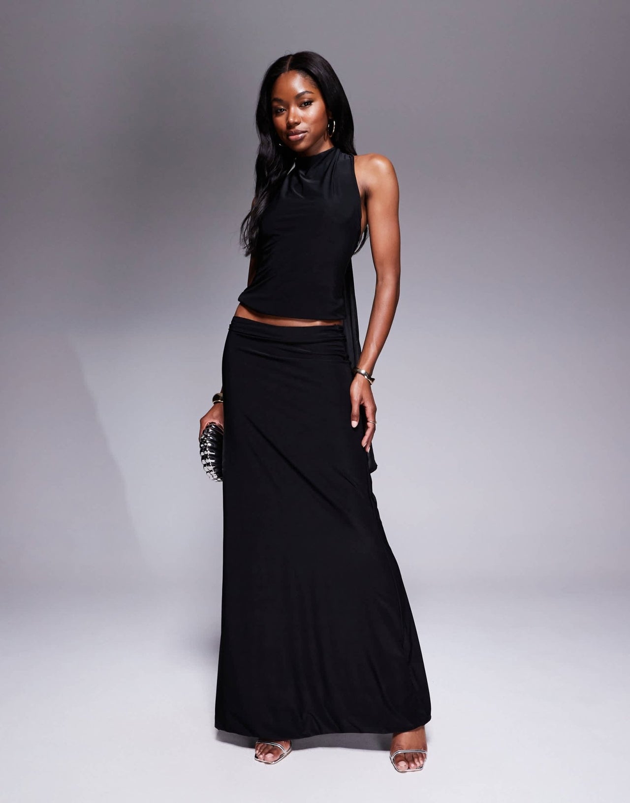 Fashionkilla double sculpted slinky open back knot detail top co - ord in black - ASOS Sample Sale