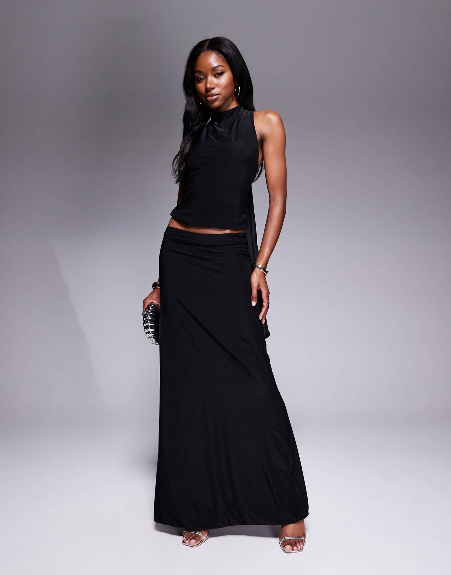 Fashionkilla double sculpted slinky open back knot detail top co - ord in black - ASOS Sample Sale