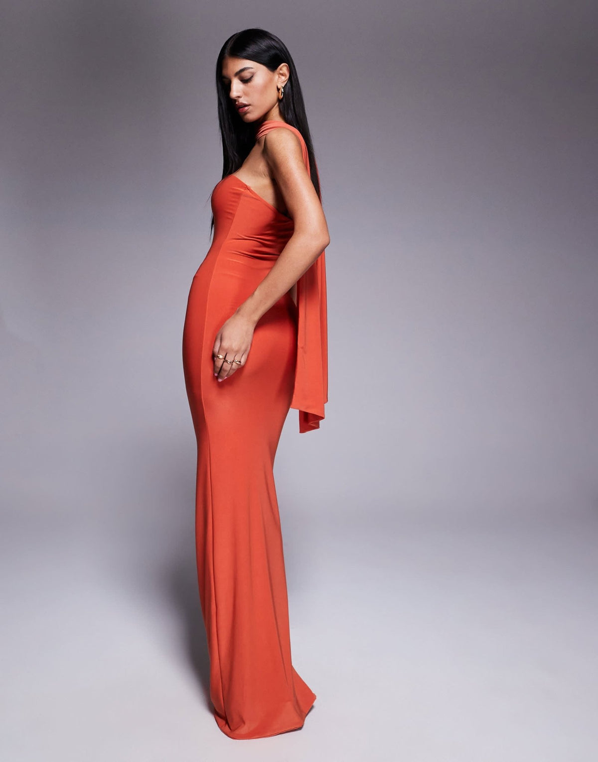 Fashionkilla double sculpted slinky scarf detail maxi dress in orange - ASOS Sample Sale