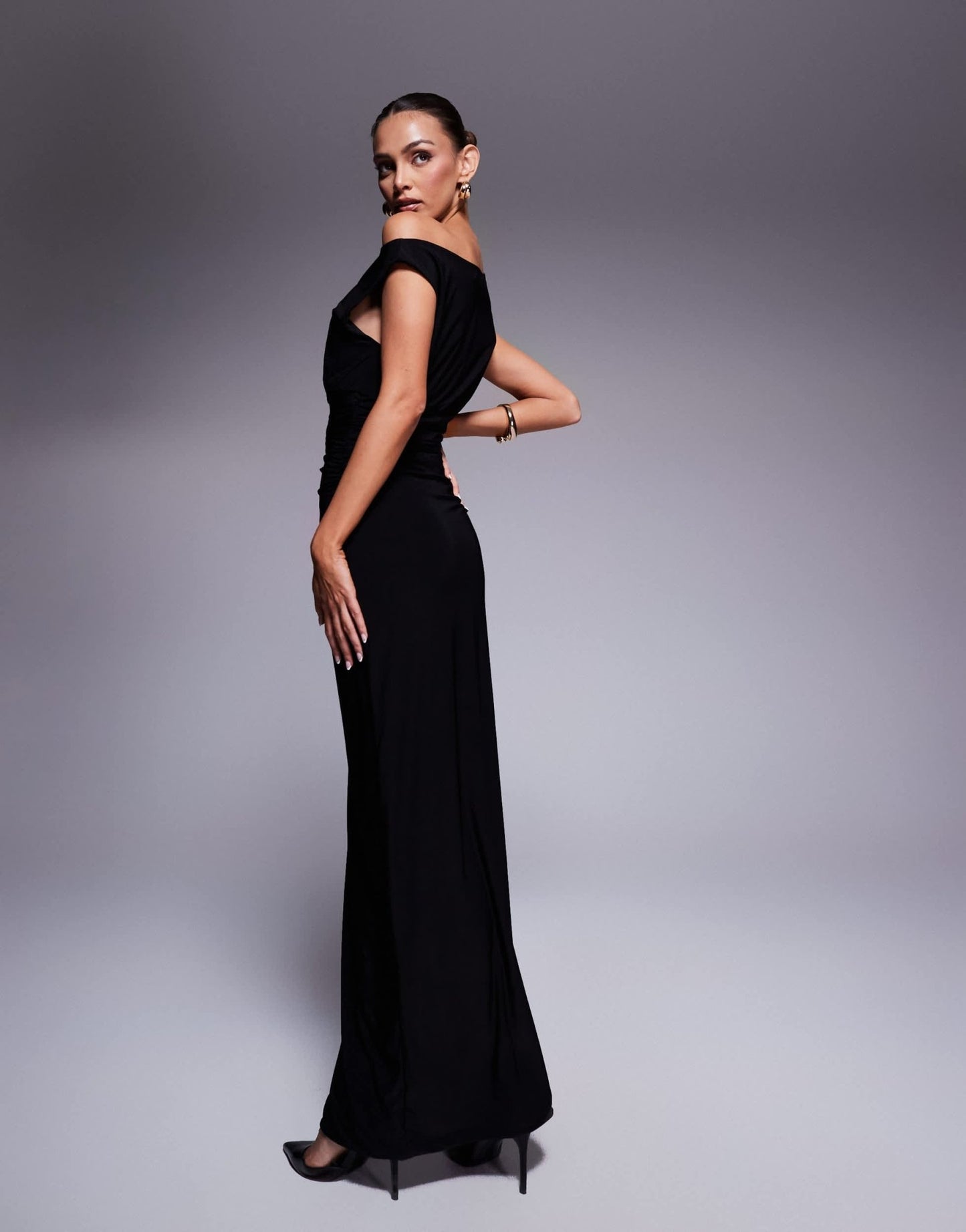 Fashionkilla double sculpted slinky sleeveless asymmetric neck ruched bodycon maxi dress in black - ASOS Sample Sale
